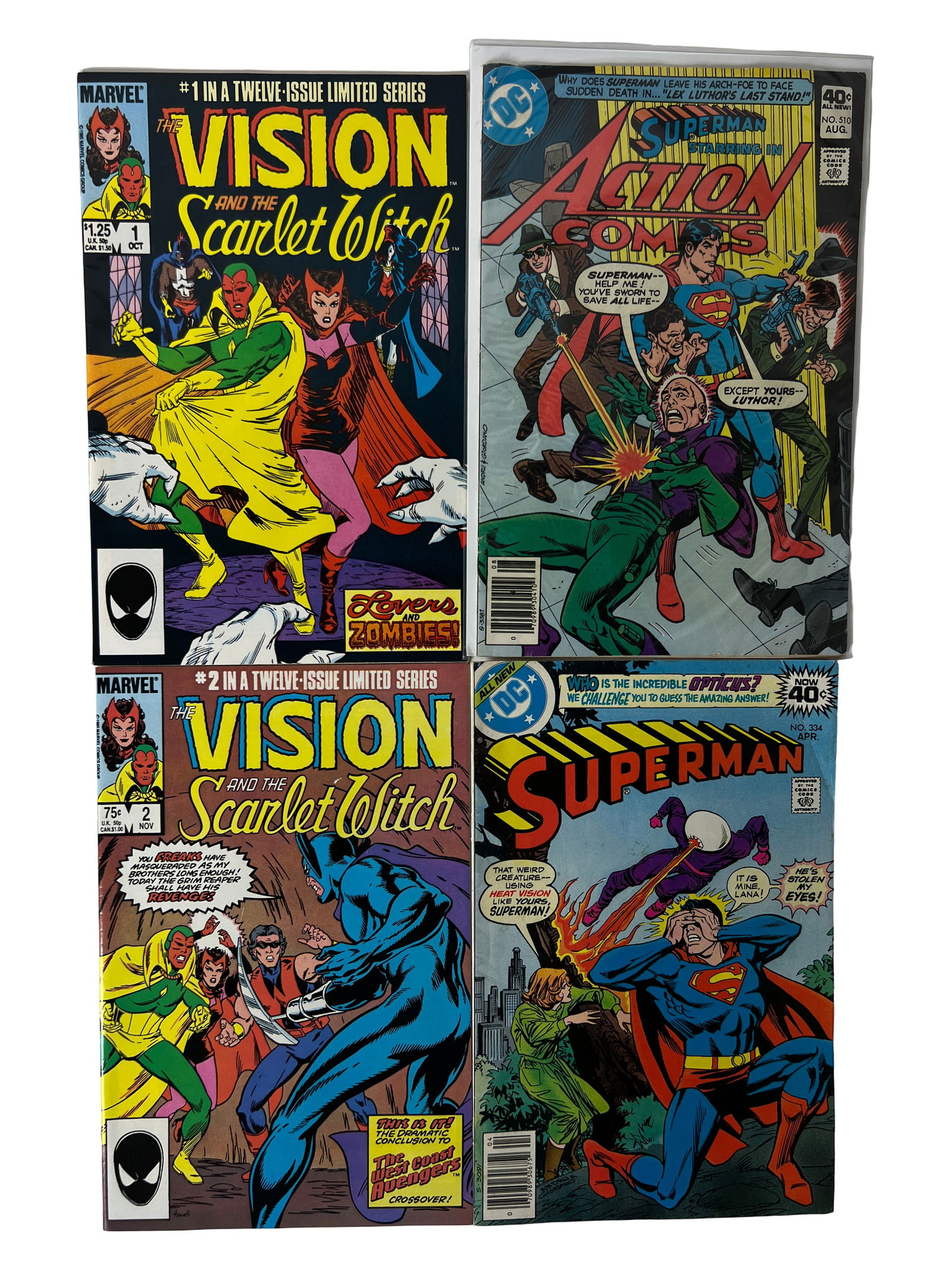 Vision Scarlet Witch Superman Action Comics: Mixed Marvel/DC lot including Vision mini-series. Vision Scarlet Witch 1 (popular mini-series)