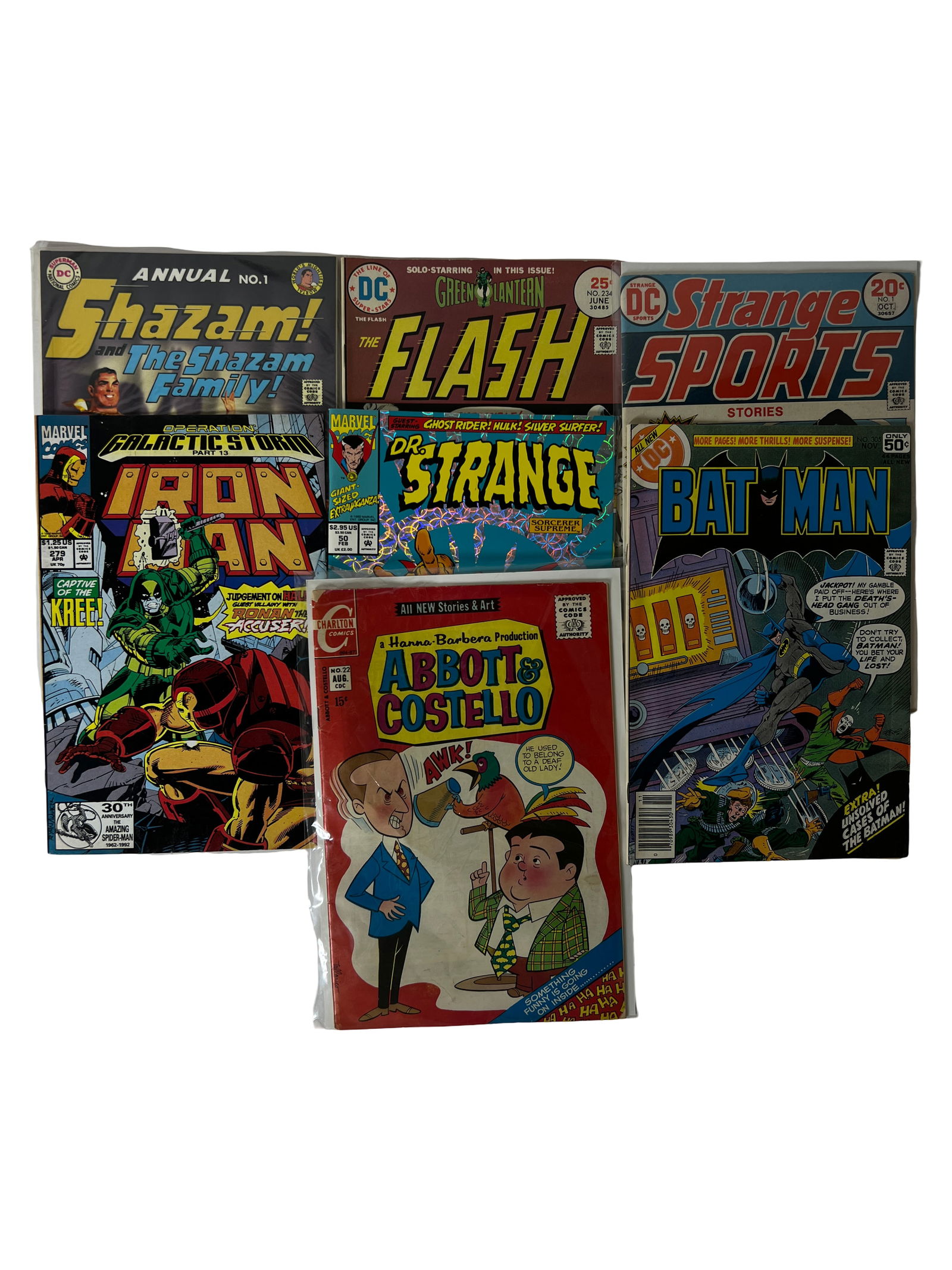 Mixed Bronze/Modern (Flash, Batman, Iron Man, Dr Strange): Assorted Marvel and DC comics.