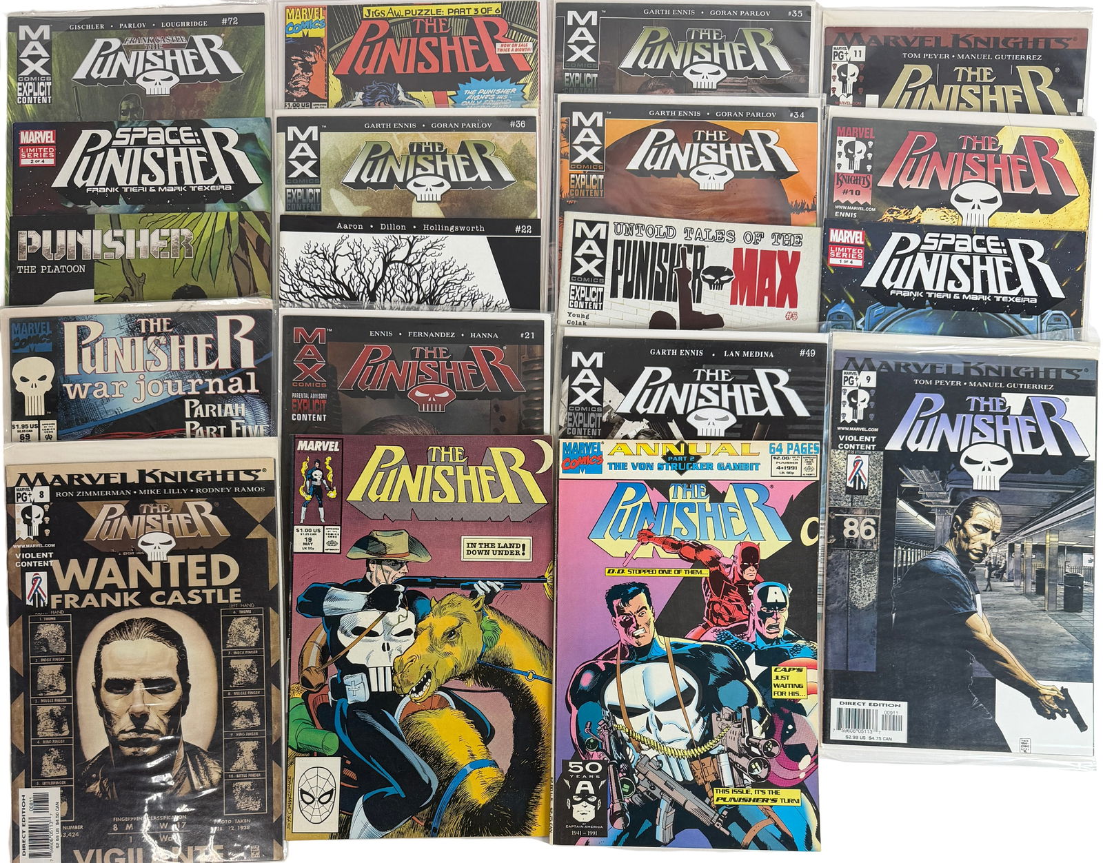 Punisher Mixed Comic Lot (Modern MAX Series): Large assortment of Punisher comics including Marvel Knights, MAX series, War Journal, and limited series issues. Features dark storytelling by Garth Ennis and others. Includes Space Punisher and