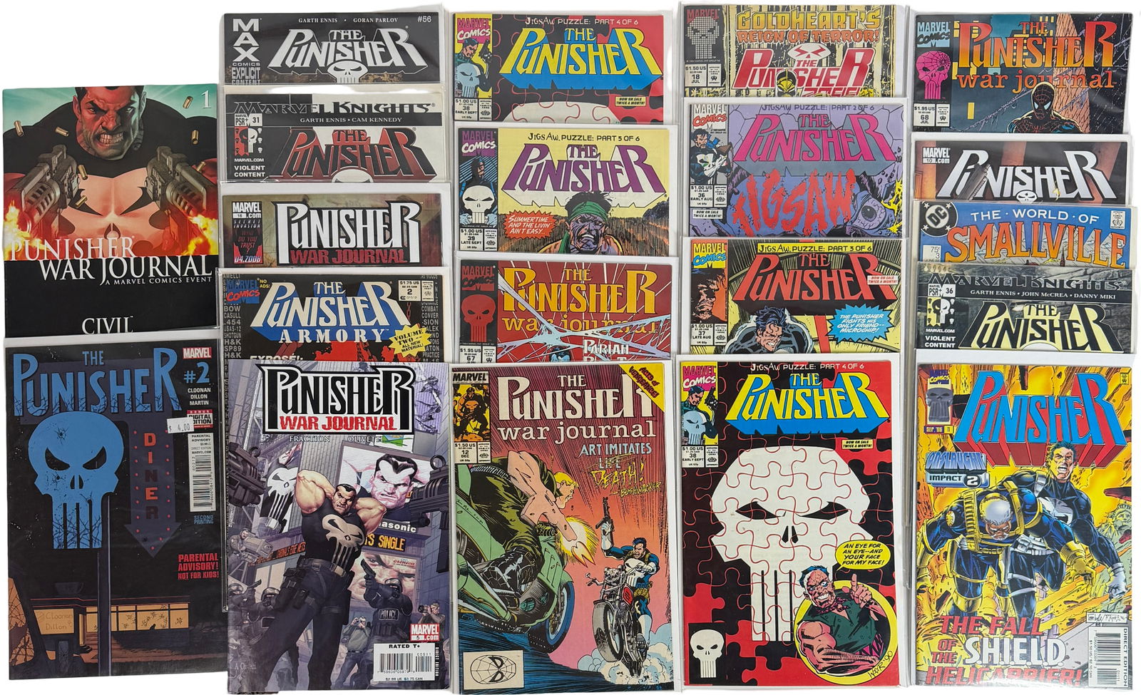 Punisher Comic Lot (Jigsaw War Journal Issues): Group of Punisher comics featuring Jigsaw storyline arcs, War Journal issues, and crossover appearances. Includes vibrant covers and multiple series. Condition good overall. Keywords: Punisher
