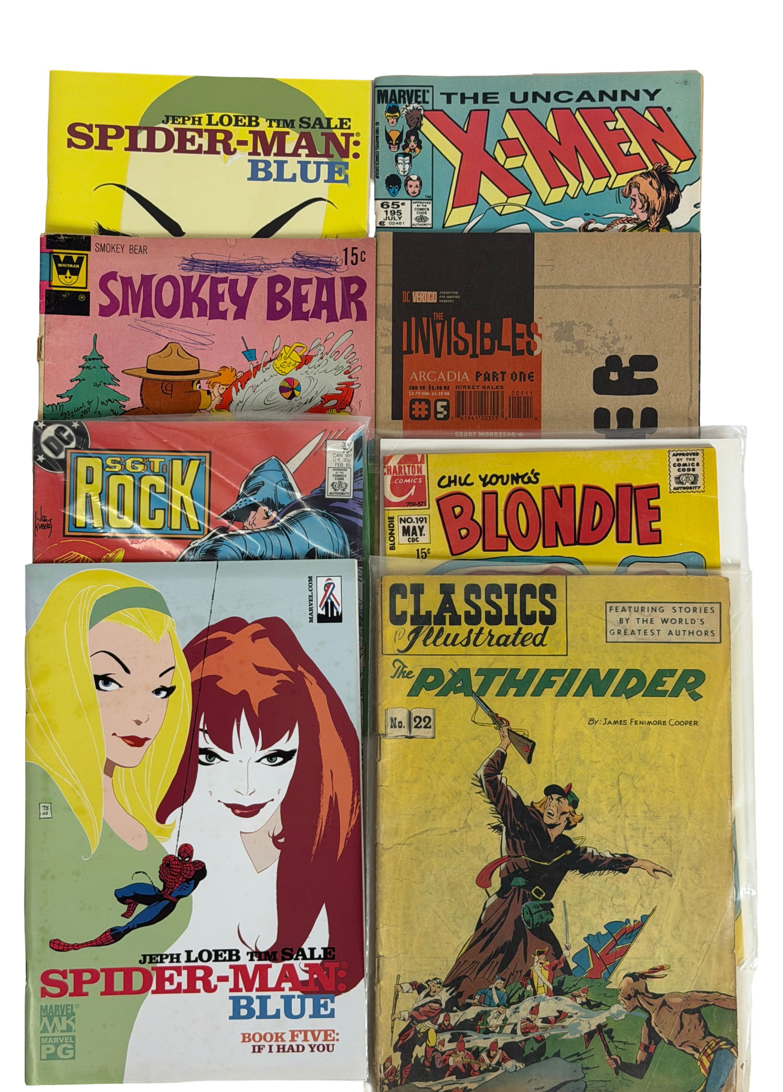 Mixed Comic Lot (Spider-Man Blue, X-Men, Classics): Collection including Spider-Man Blue, Uncanny X-Men, Classics Illustrated and vintage Smokey Bear comic. Wide genre variety. Condition fair to good. Keywords: Spider-Man Blue, X-Men comics, Classics