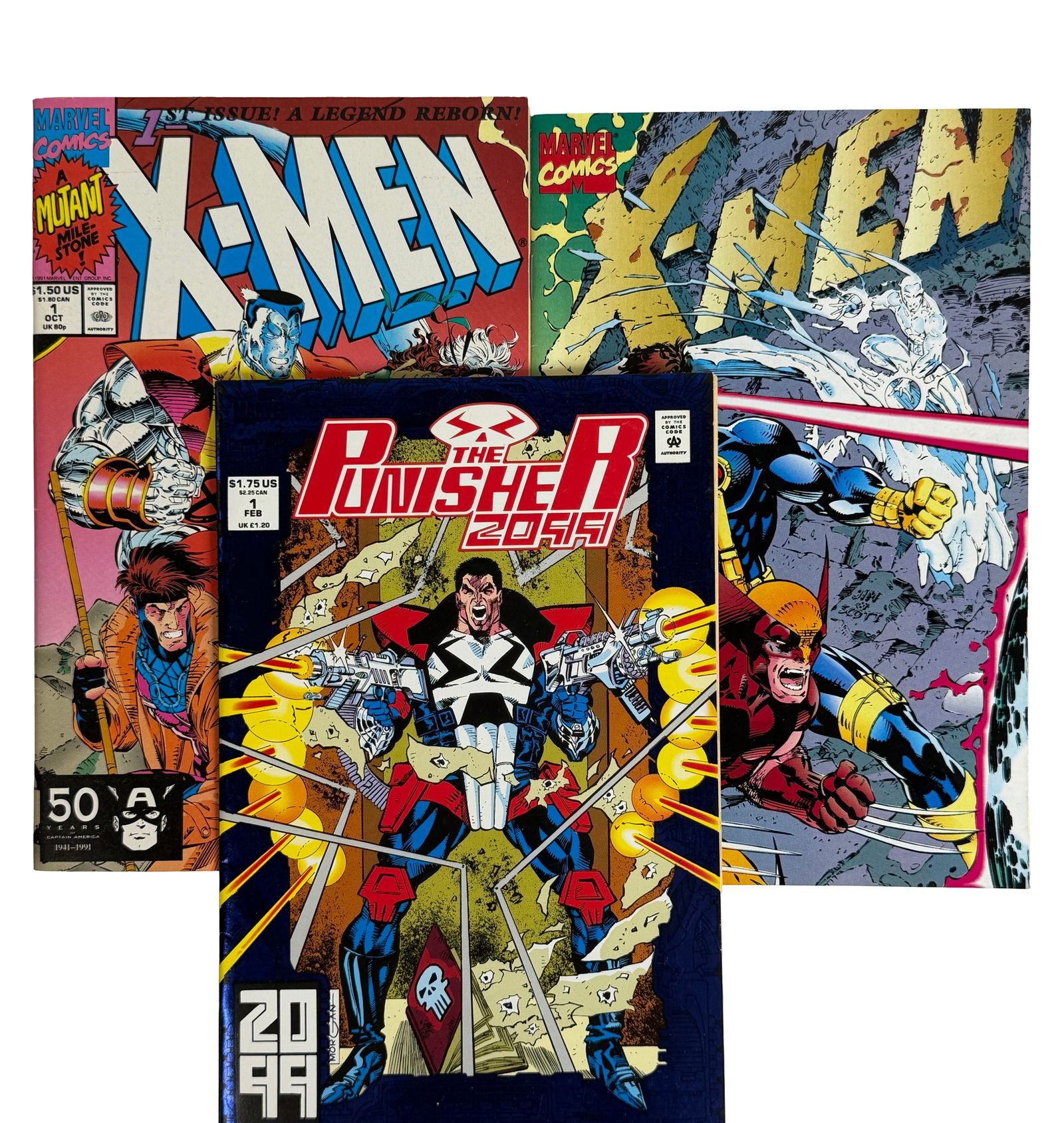 X-Men And Punisher 2099 Comic Lot: Lot featuring X-Men issues alongside Punisher 2099 comics. Includes 1990s Marvel futuristic storyline featuring Frank Castle in 2099 universe and classic X-Men characters. Bright colors, strong