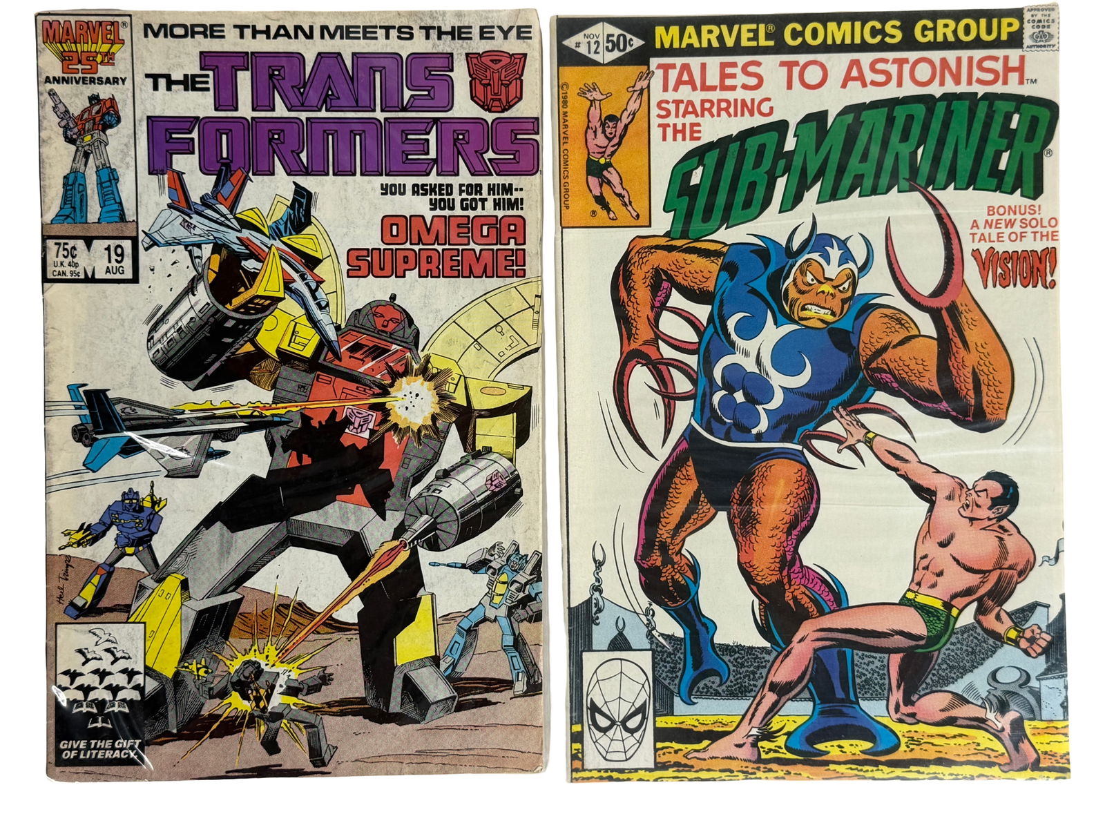 Transformers And Sub-Mariner Vintage Comic Lot: Includes Marvel Transformers issue and Tales to Astonish Sub-Mariner comic. Bronze Age/modern mix featuring iconic characters. Condition fair to good with visible aging on older issue. Keywords: