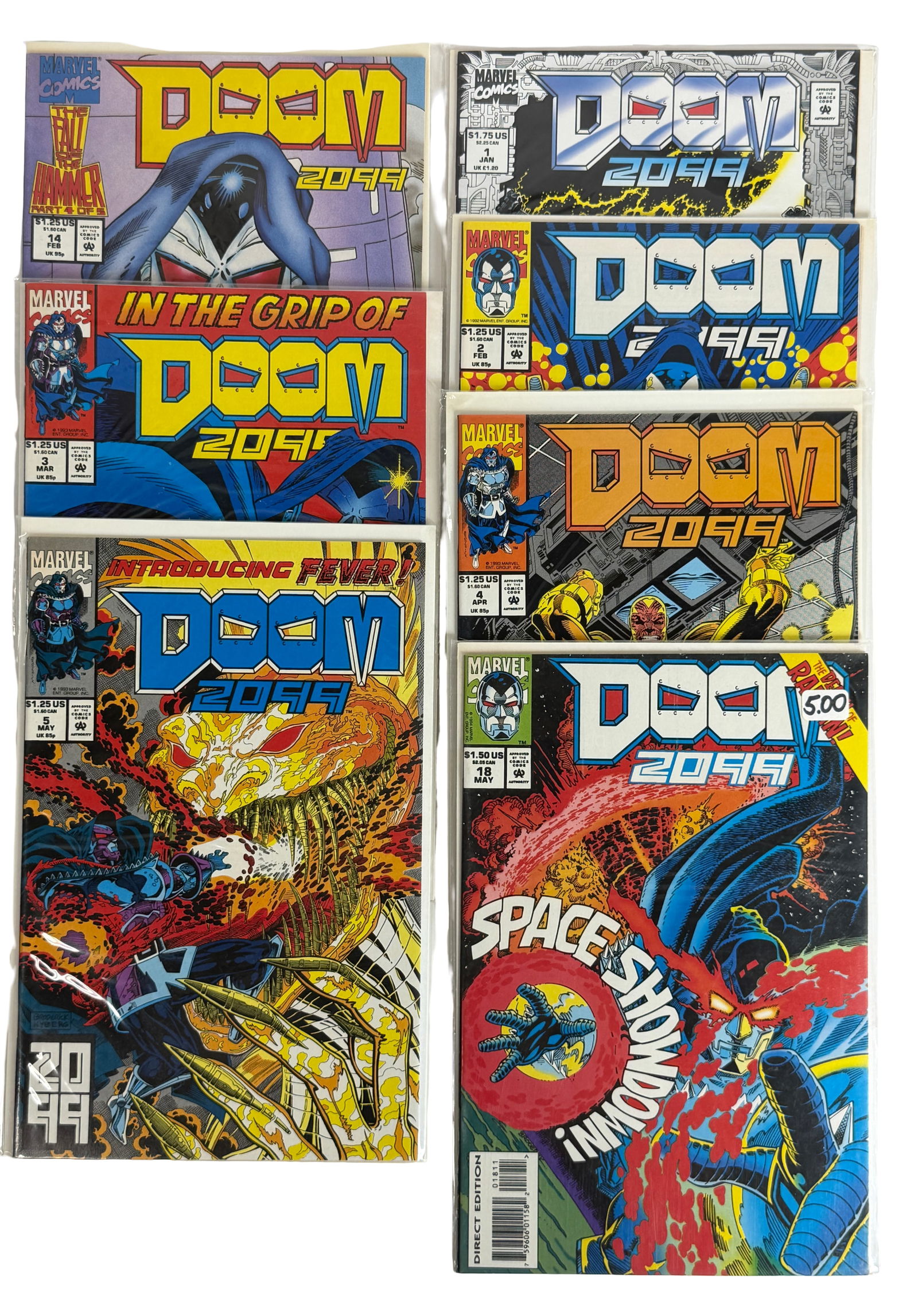 Doctor Doom 2099 Comic Lot: Collection of Doctor Doom 2099 issues including multiple early and mid-series comics. Features futuristic Marvel storyline centered on Doom in alternate timeline. Condition good overall. Keywords: