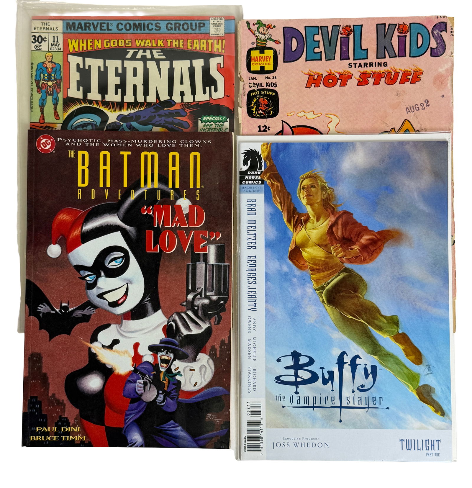 Eternals, Batman Adventures Buffy Comic Lot: Includes The Eternals 11, Batman Adventures Mad Love, Buffy the Vampire Slayer, and Hot Stuff Harvey comic. Mix of Bronze Age Marvel and modern graphic novels. Condition good to very good. Keywords: E