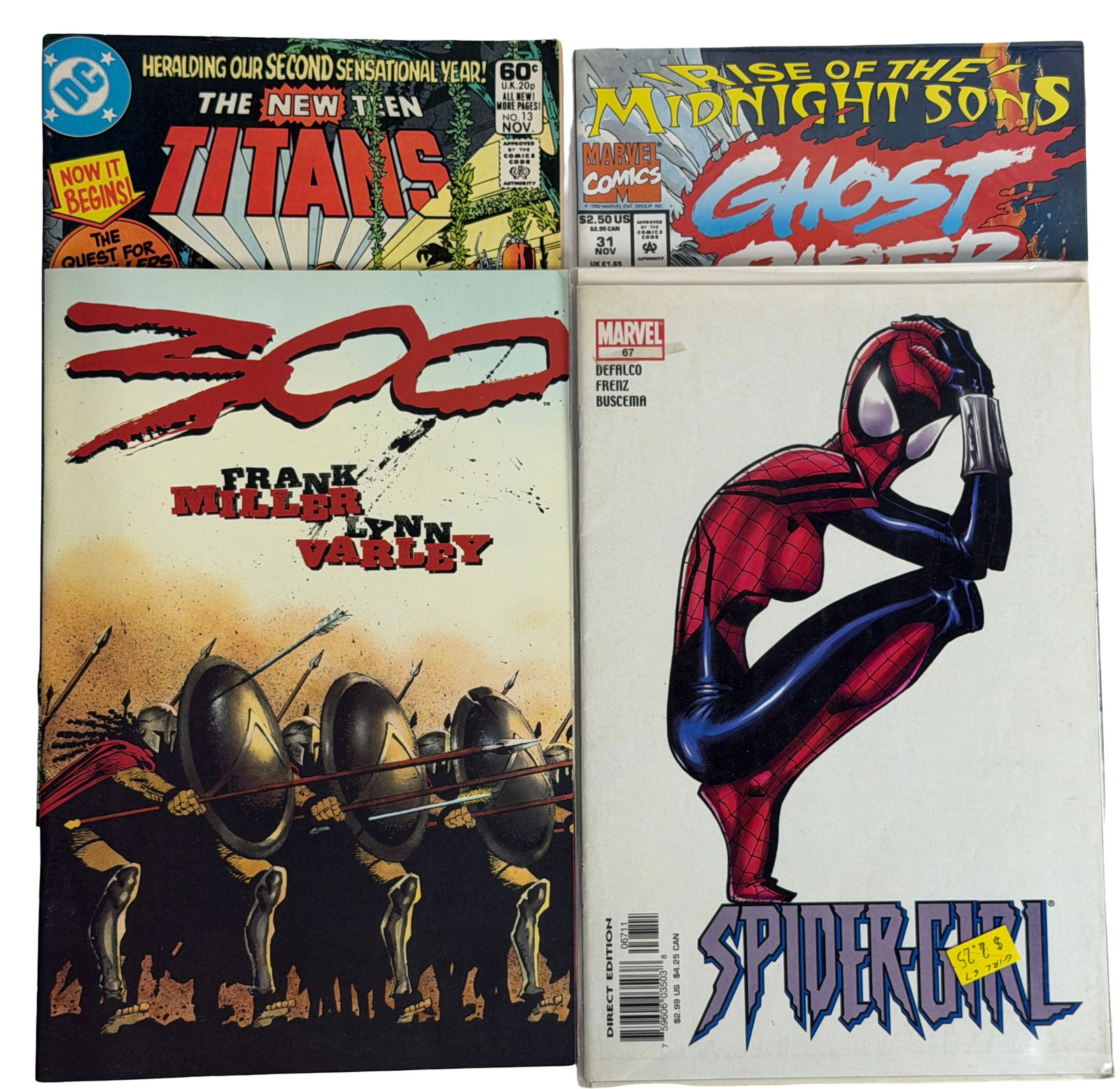 300 Graphic Novels Spider-Girl Comic BookLot: Lot includes Frank Miller's 300 graphic novels and Spider-Girl issue. Popular modern classics and Marvel character appearance. Condition very good. Keywords: Frank Miller 300, Spider-Girl, graphic