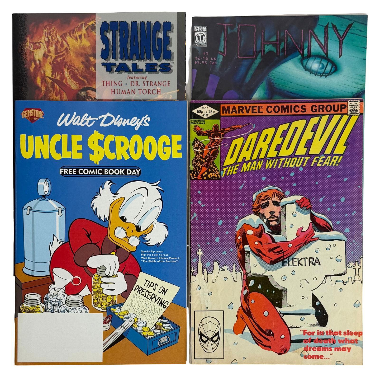 Strange Tales, Johnny Uncle Scrooge Comic Lot: Features Strange Tales (Dr. Strange), Johnny indie comic, Uncle Scrooge Free Comic Book Day, and Daredevil issue. Mix of Marvel, indie, and Disney comics. Condition good. Keywords: Strange Tales, Dare