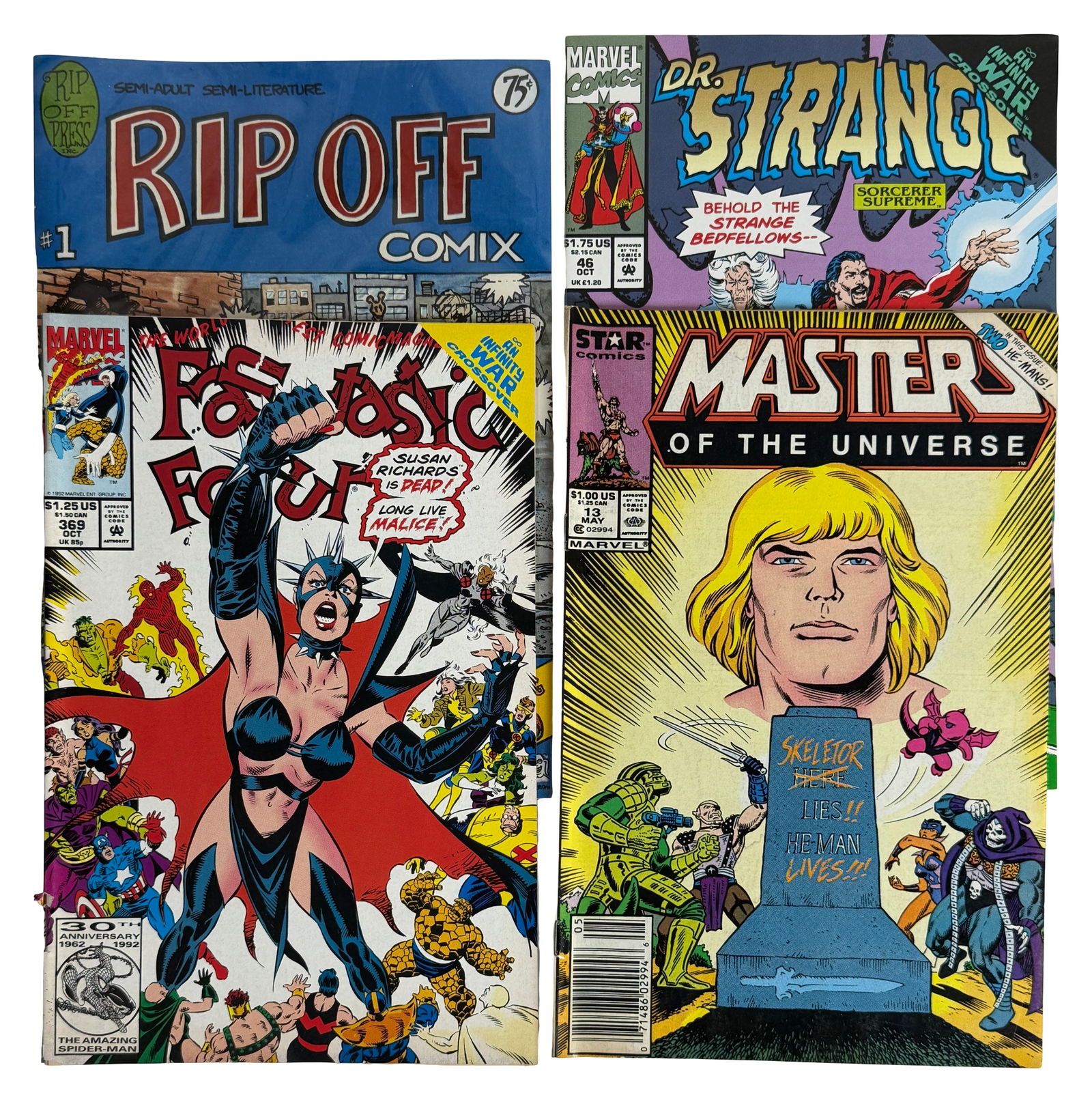 Rip Off Comix, Fantastic Four Masters of the Universe Lot: Includes Rip Off Comix 1, Fantastic Four 369, and Masters of the Universe comic. Diverse mix of underground and mainstream comics. Condition good. Keywords: Fantastic Four 369, Masters of the