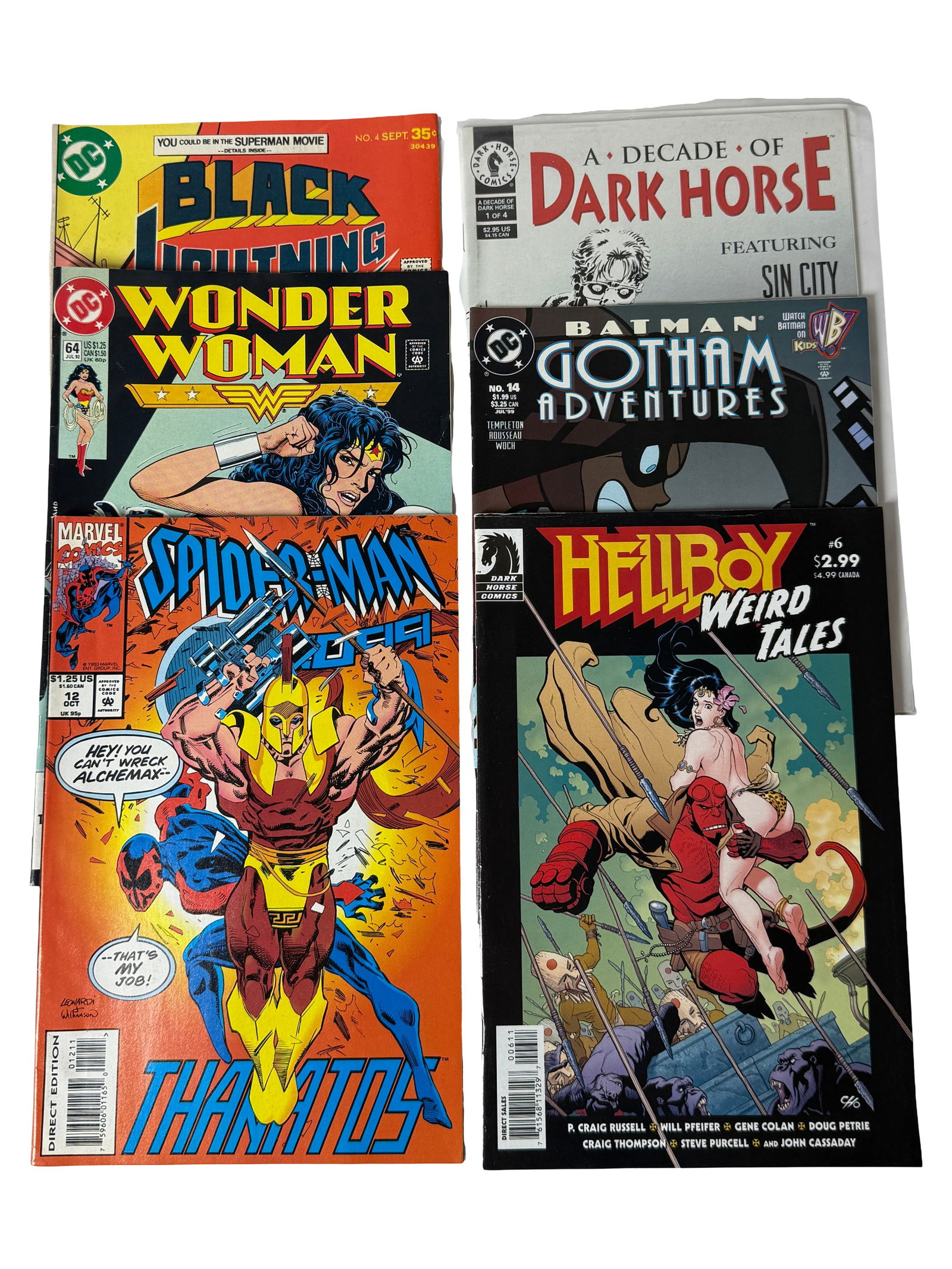 Comic Book Lot Wonder Woman Spider-Man Hellboy Batman Mixed Lot: Mixed publisher lot including Wonder Woman, Spider-Man, Hellboy Weird Tales 6, Batman, and more. Broad appeal. Mixed condition.