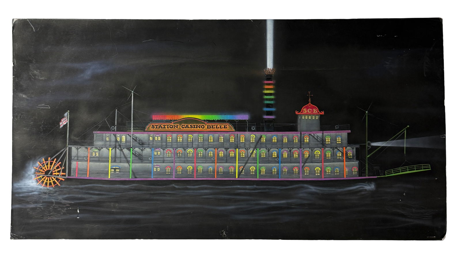 Casino Belle Riverboat Painting: Night scene of illuminated riverboat 'Station Casino Belle'.