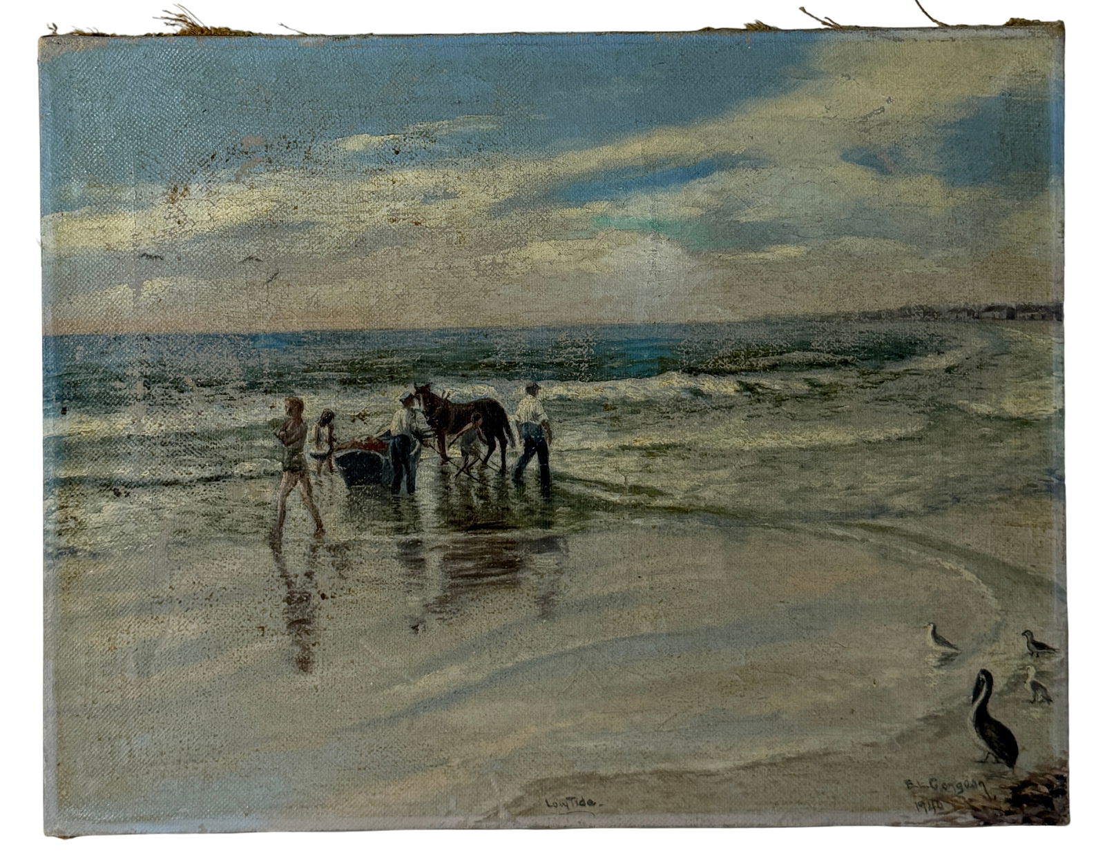 Coastal Oil Painting Beach Scene: Original oil on canvas of figures with horse on shoreline, signed lower right.