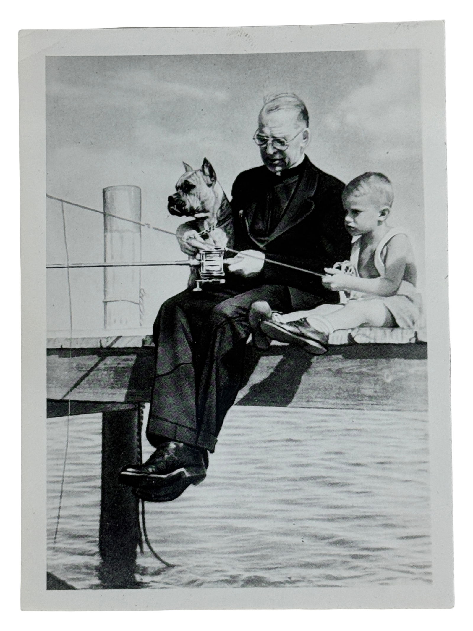 Vintage Photograph Man Fishing with Child Dog: Founder Of Boys Town Father Flanagan Fishing Next to Boy Jay R. Smith Boxer Dog