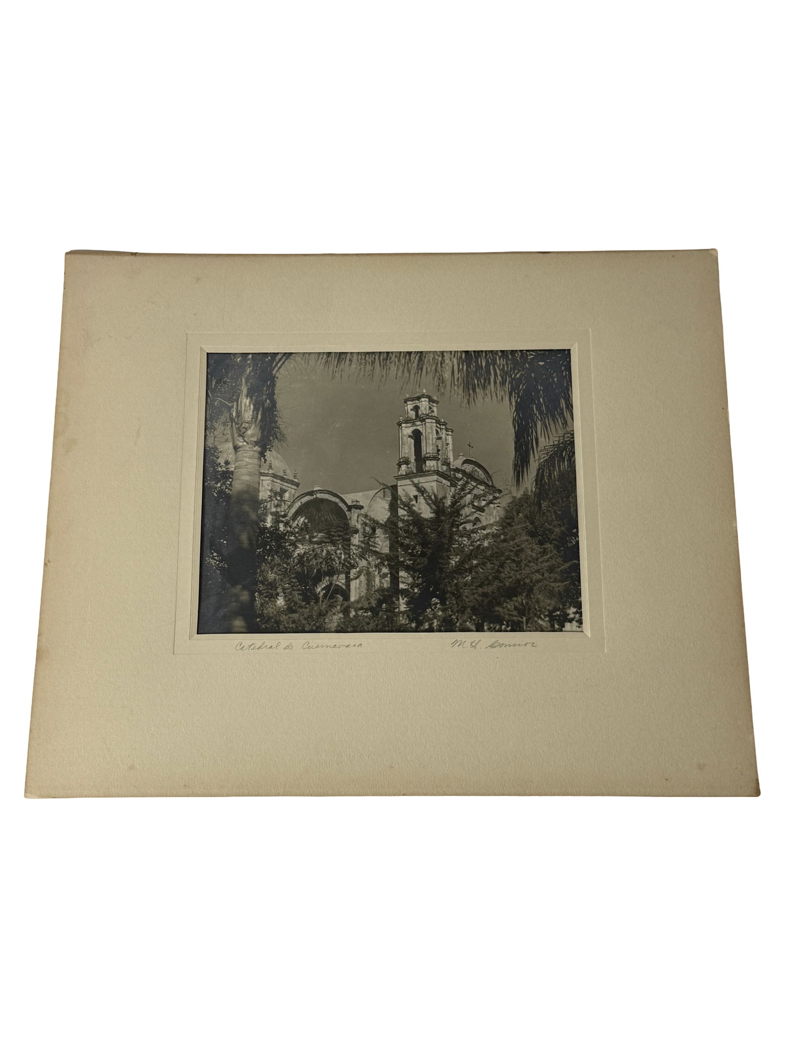 Framed Signed Photograph Carmelite Church CUERNAVACA MEXICO: Vintage photograph of cathedral, matted and signed.