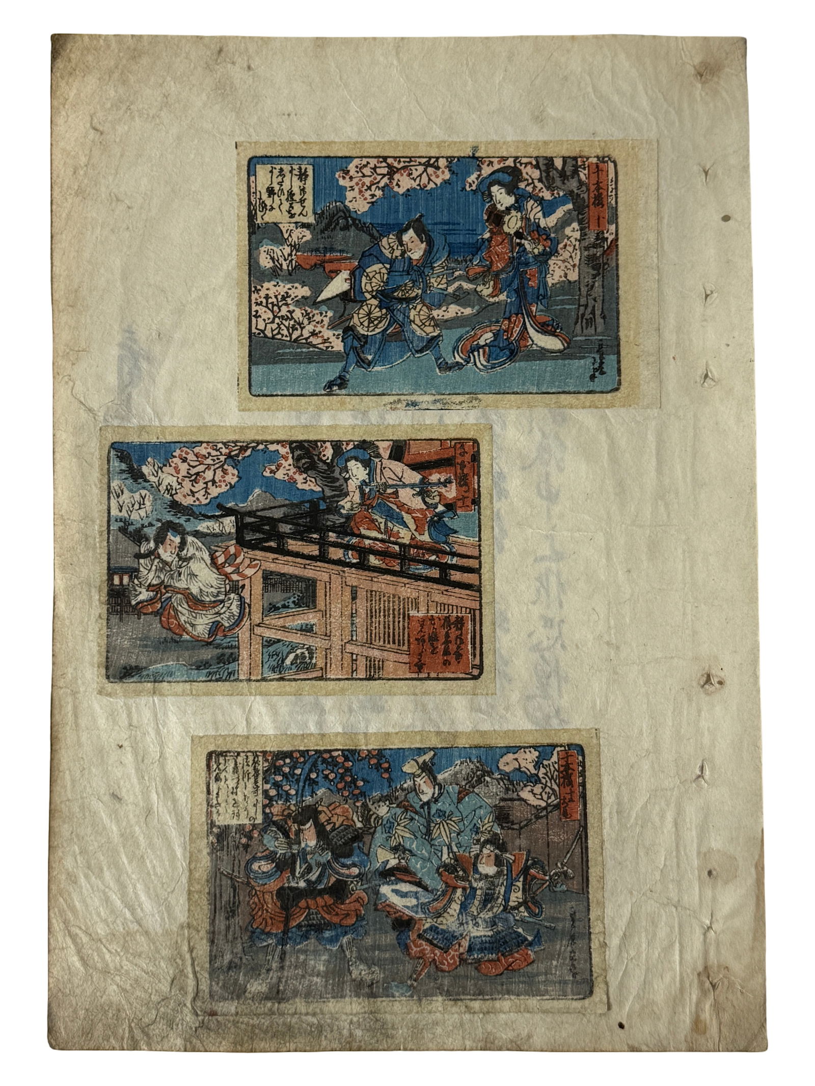 Japanese Woodblock Prints (3): Group of three small Japanese woodblock prints on paper.