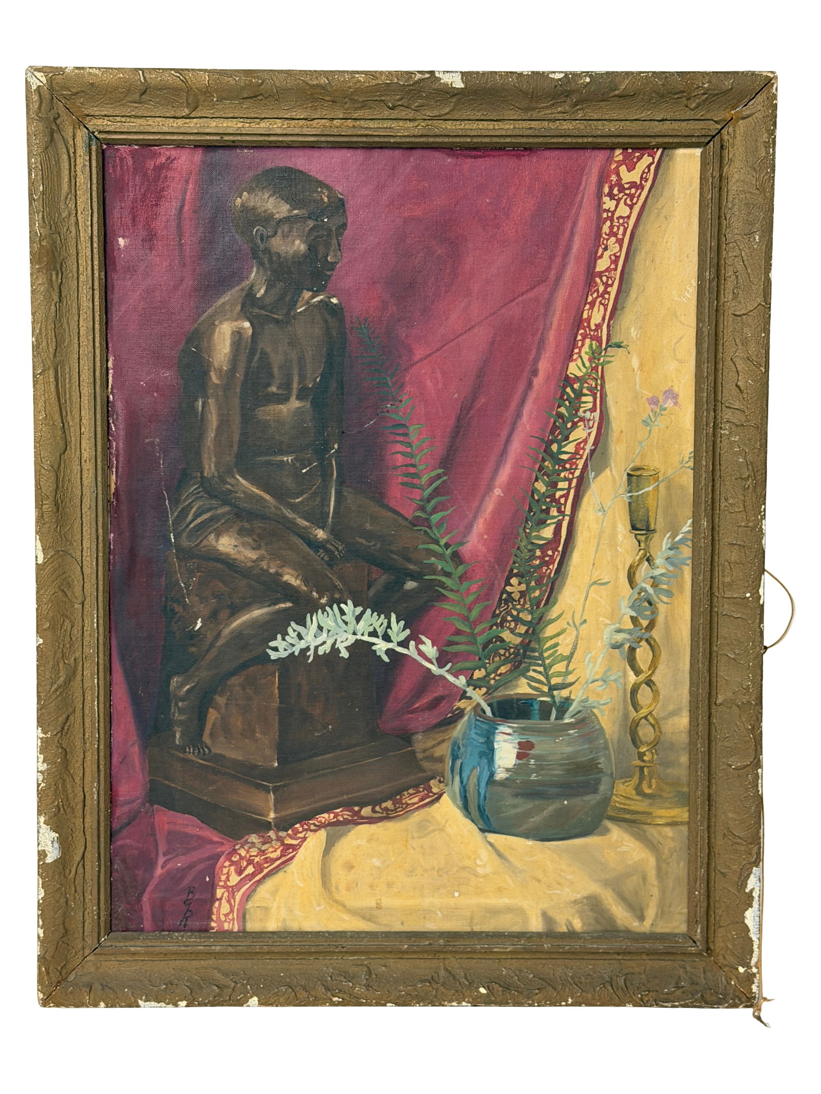 Still Life Oil Painting: Oil painting of sculpture, vase and drapery, framed.