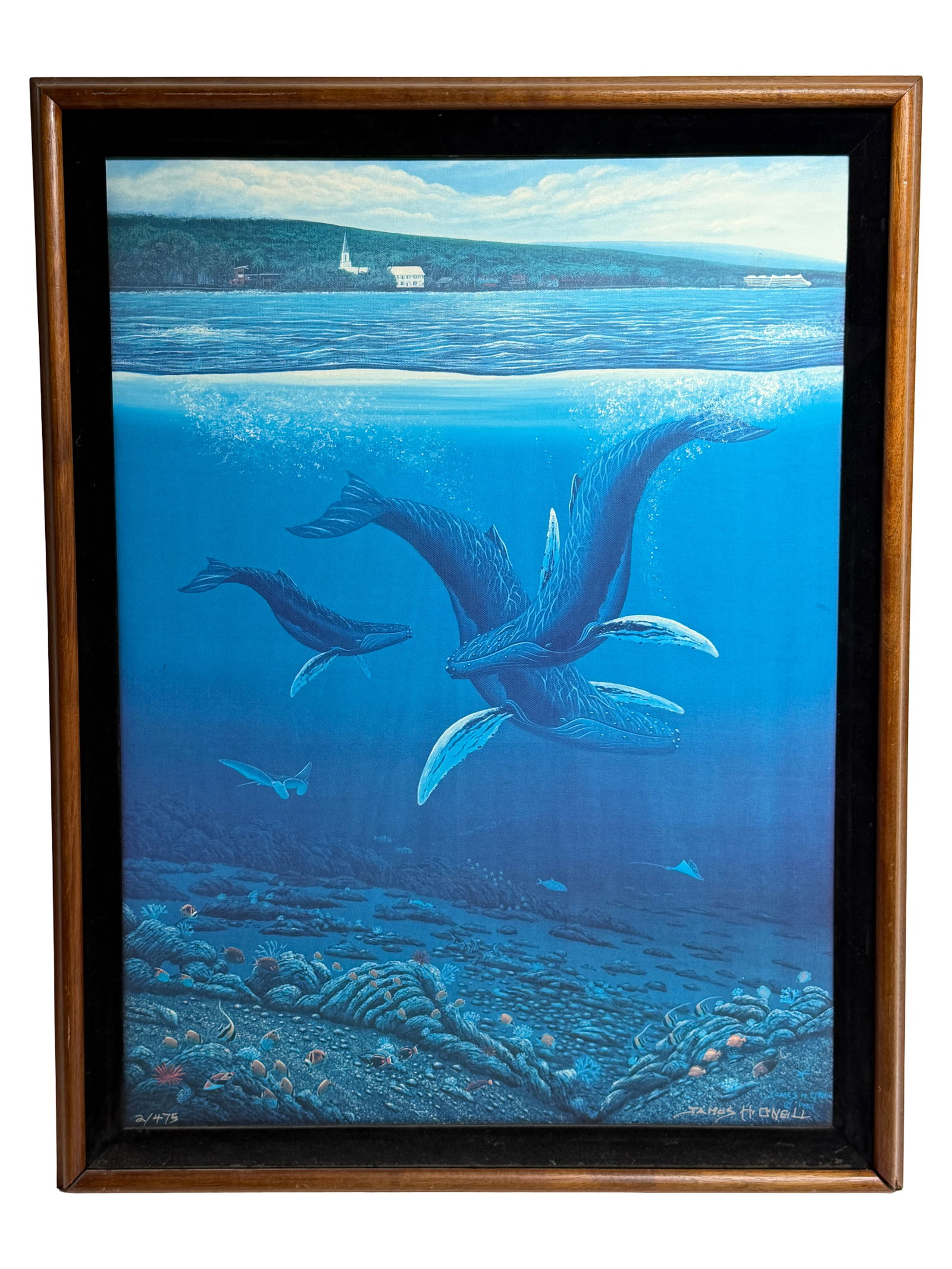 Underwater Whale Painting: Framed artwork depicting whales underwater, signed and numbered.