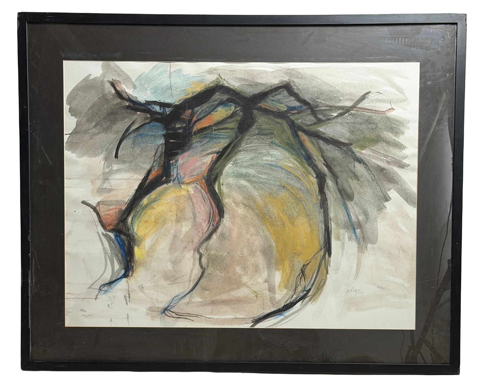 Mid Century Abstract Expressionist Painting: Framed abstract painting, likely mixed media.