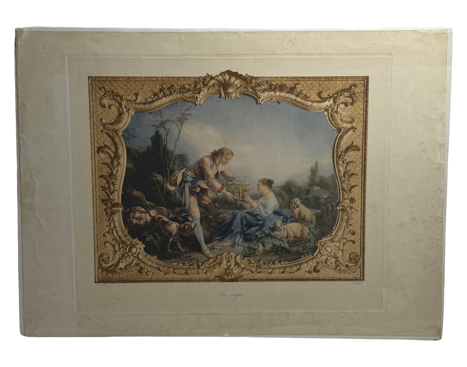 Framed Decorative Print Rococo Scene: Ornate framed print of classical pastoral scene.