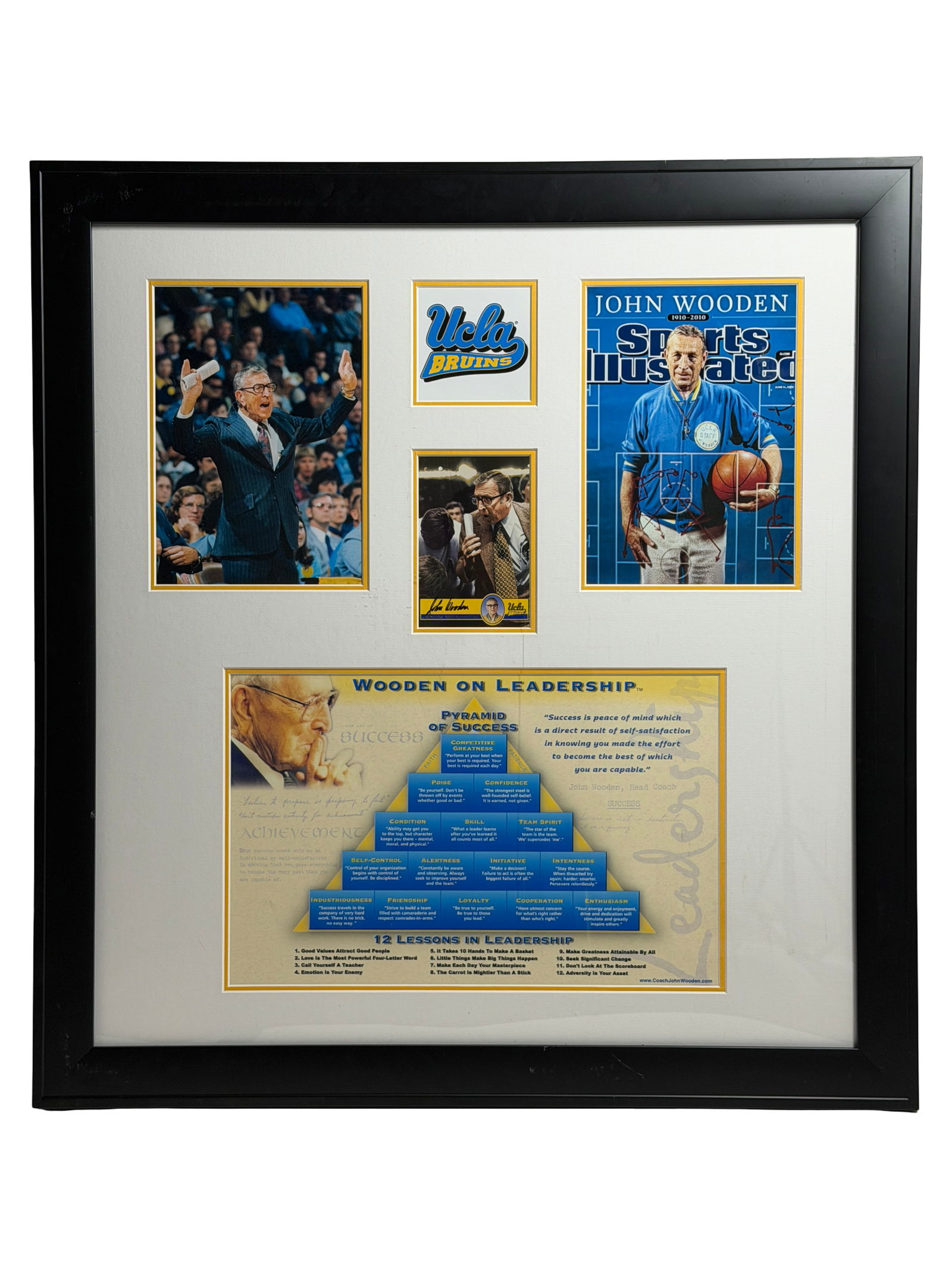 John Wooden UCLA Framed Display: Framed UCLA Bruins / John Wooden leadership display with photos and text.