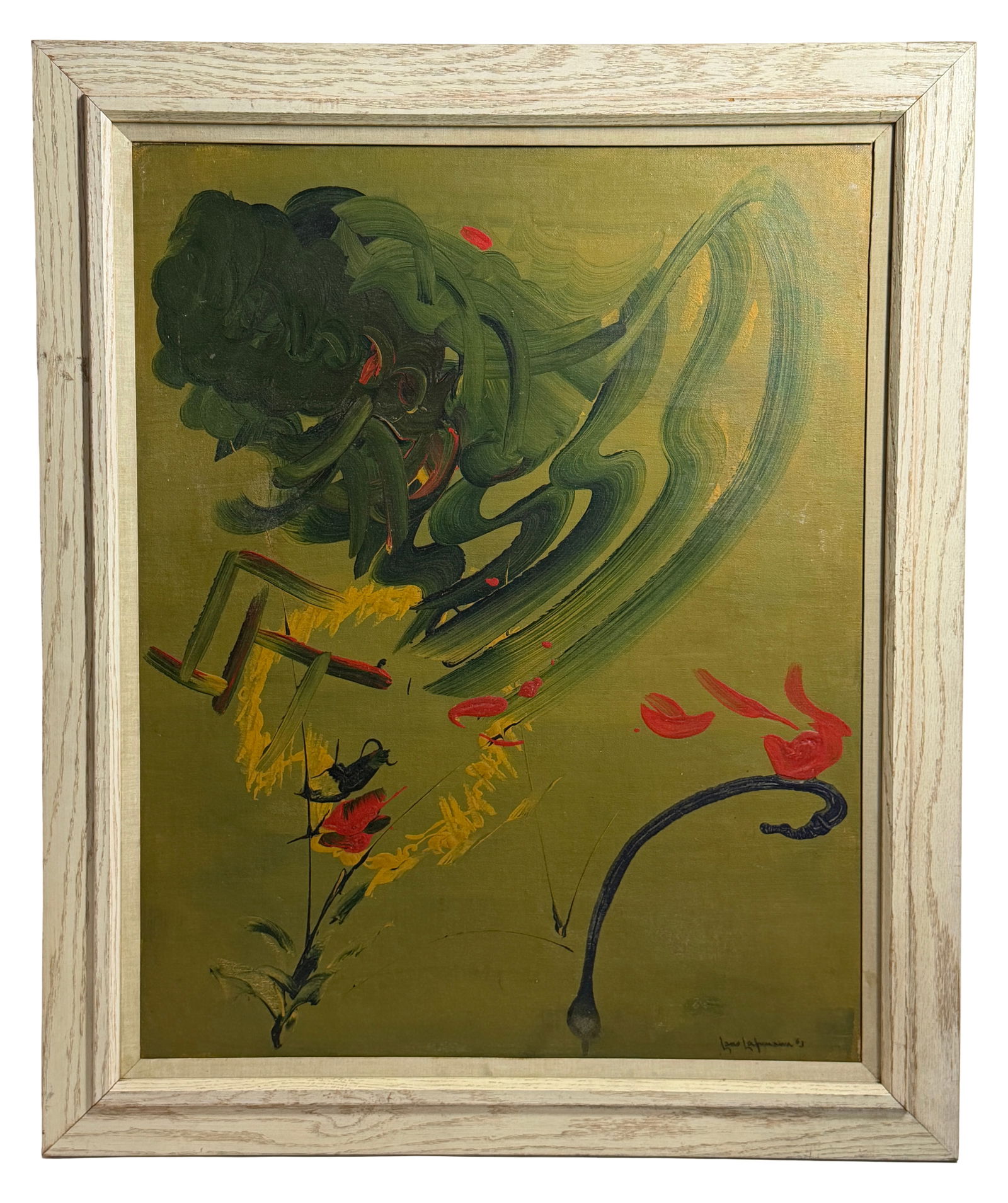 Abstract Painting (Signed, 1963): Mid-century abstract oil painting with green tones and dynamic brushwork, signed and dated 1963.