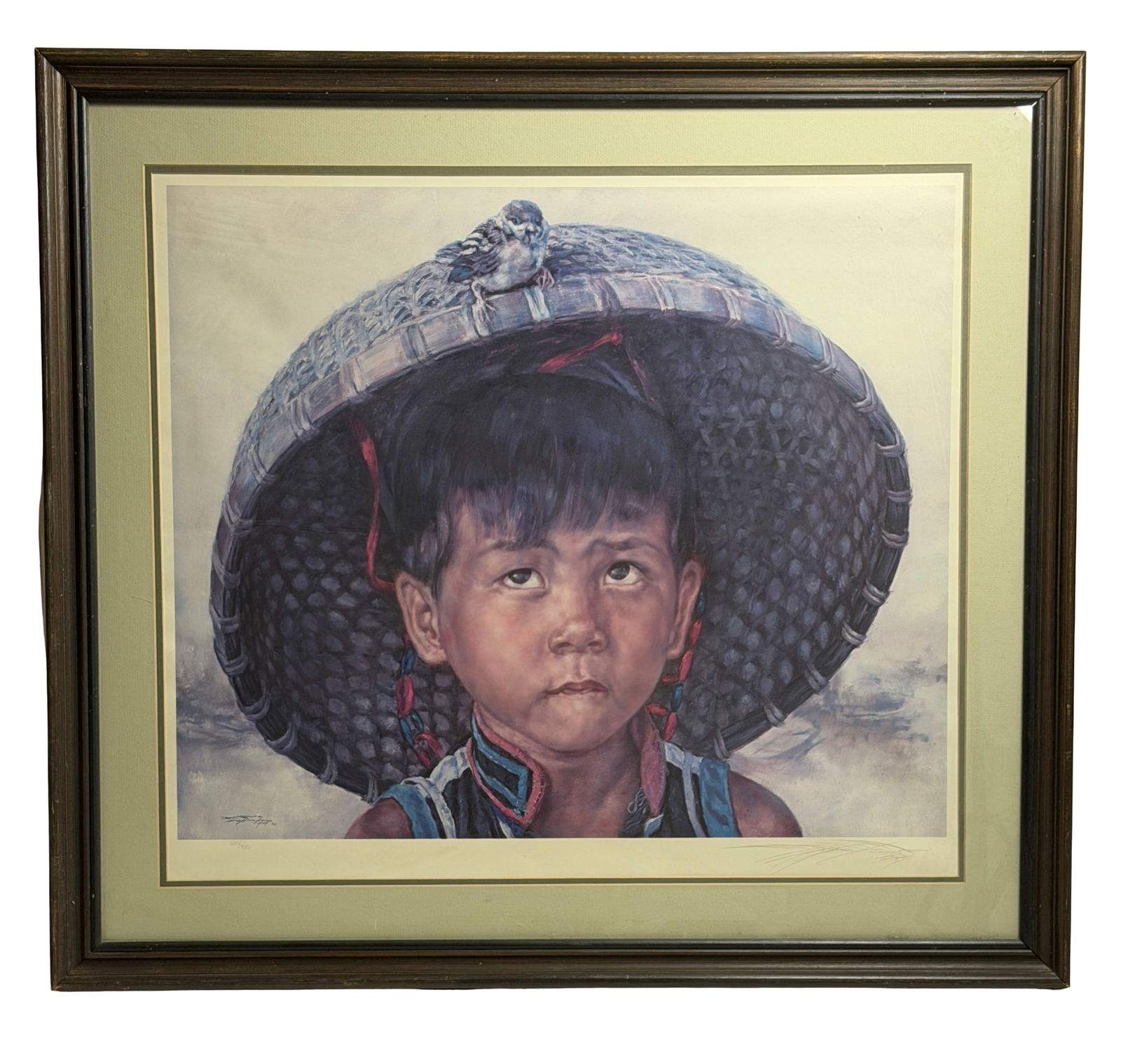 Framed Wai Ming Lithograph of Chinese "Boy with Bird" Signed: Realist portrait of child wearing large hat, framed, likely print or pastel.