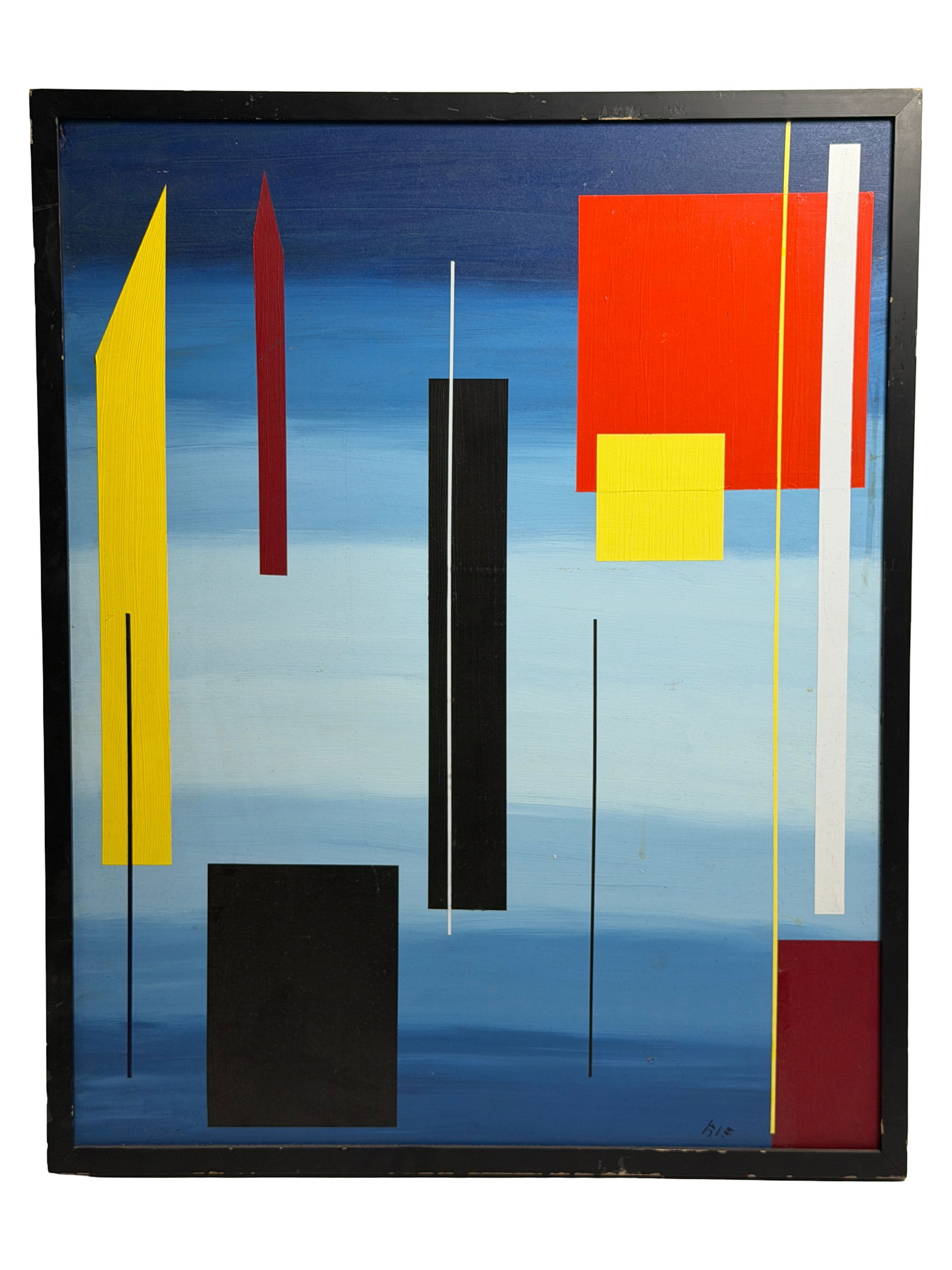 Vintage Geometric Abstract Painting Signed: Modern geometric abstract composition with bold primary colors, framed.