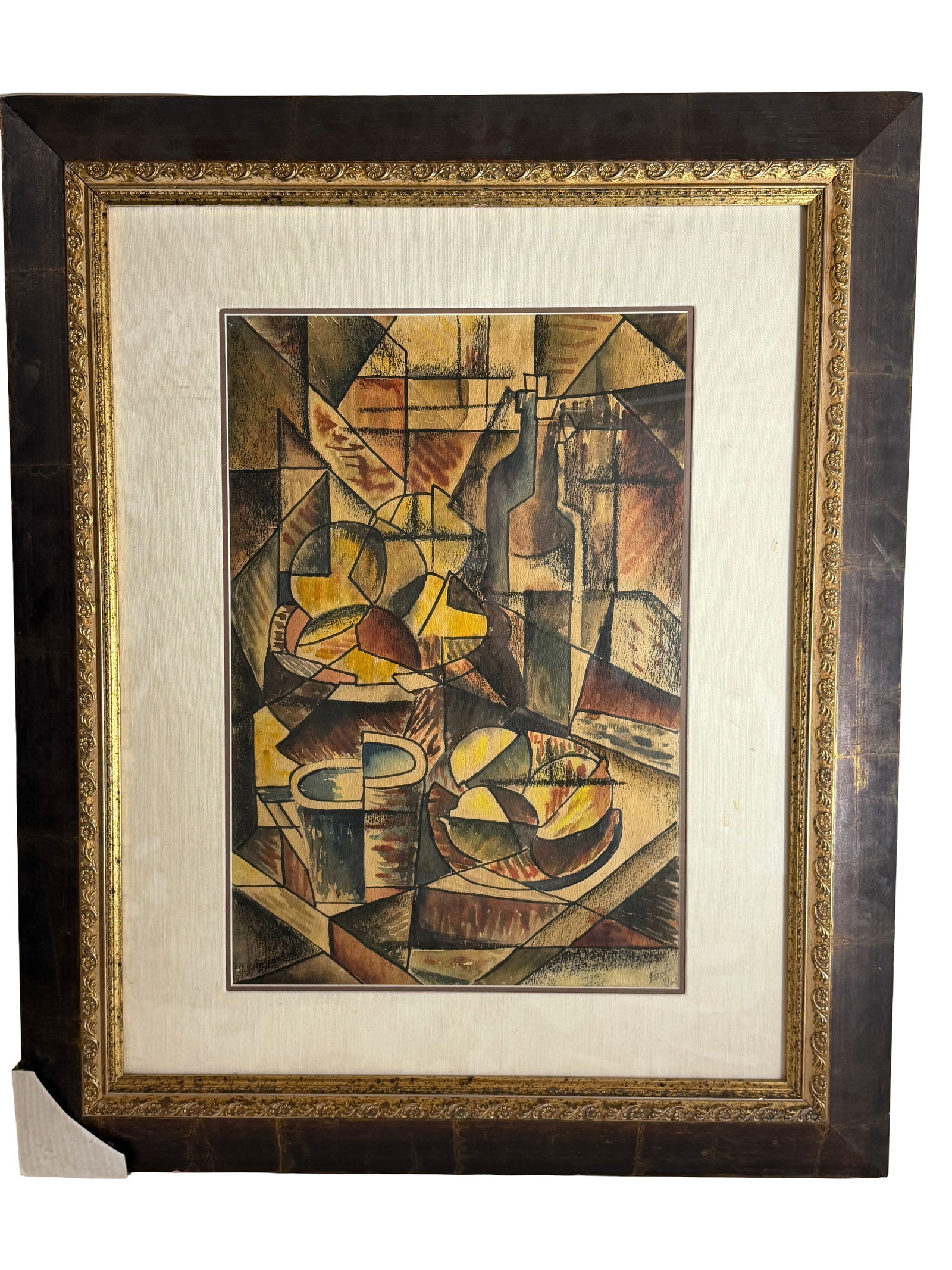 Cubist Style Still Life Signed C.W. Bartleson: Framed cubist-style still life painting with bottle and fruit.