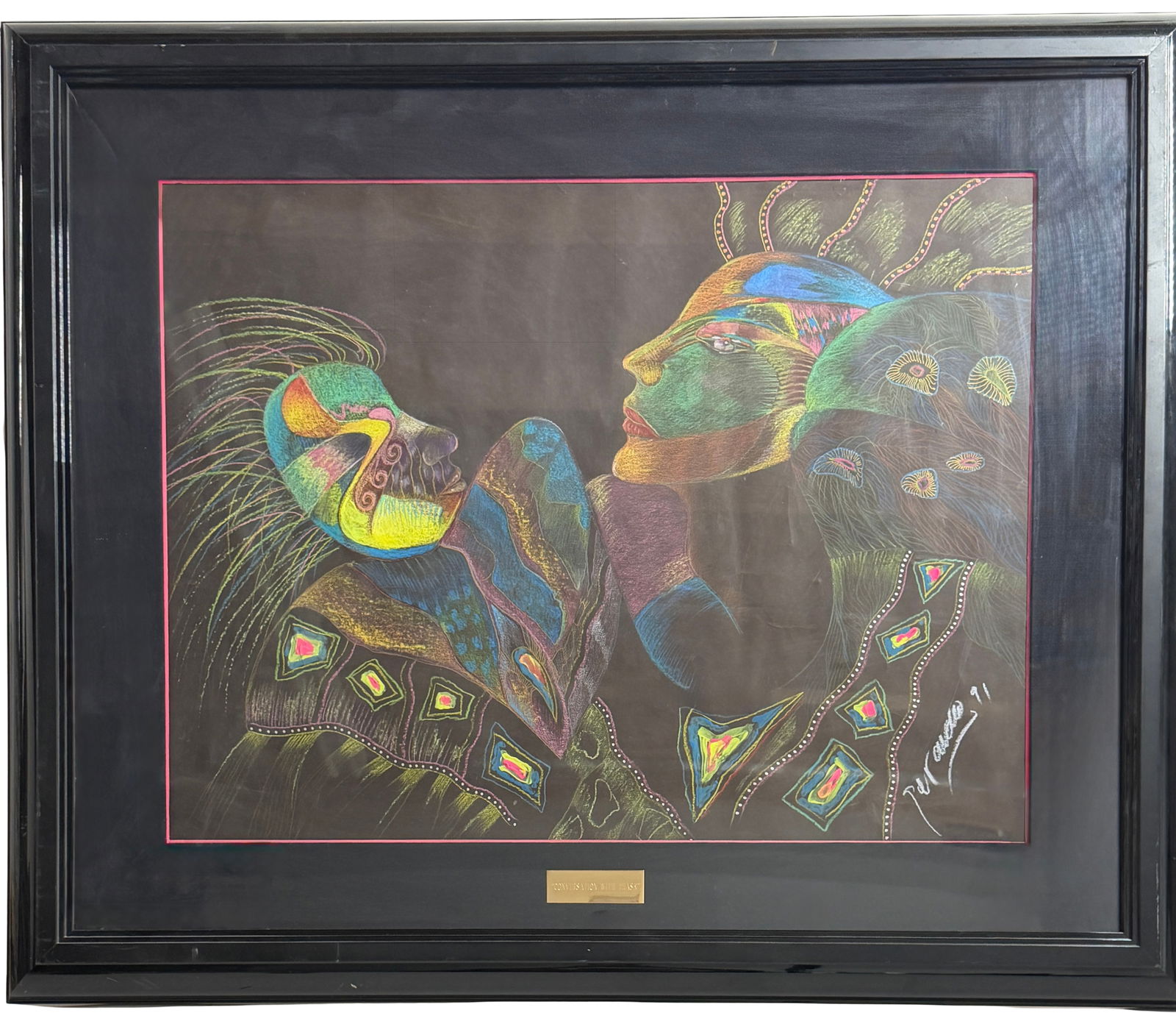 Contemporary Color Artwork Signed: Framed colorful stylized figure artwork on black background, signed.
