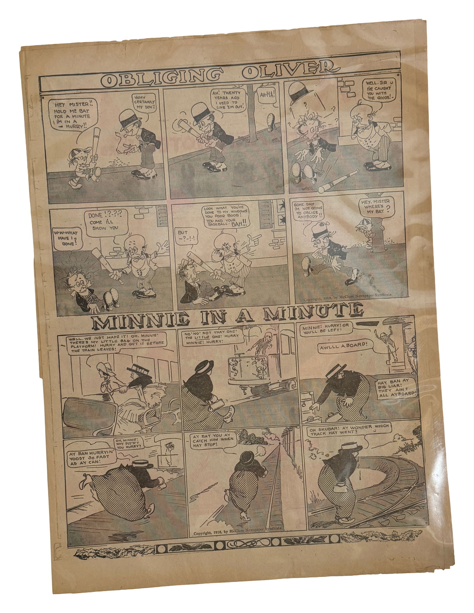 Vintage Newspaper Comic Page (Obliging Oliver / Minnie in a Minute): Early 20th century newspaper comic page featuring 'Obliging Oliver' and 'Minnie in a Minute'; visible aging and toning.