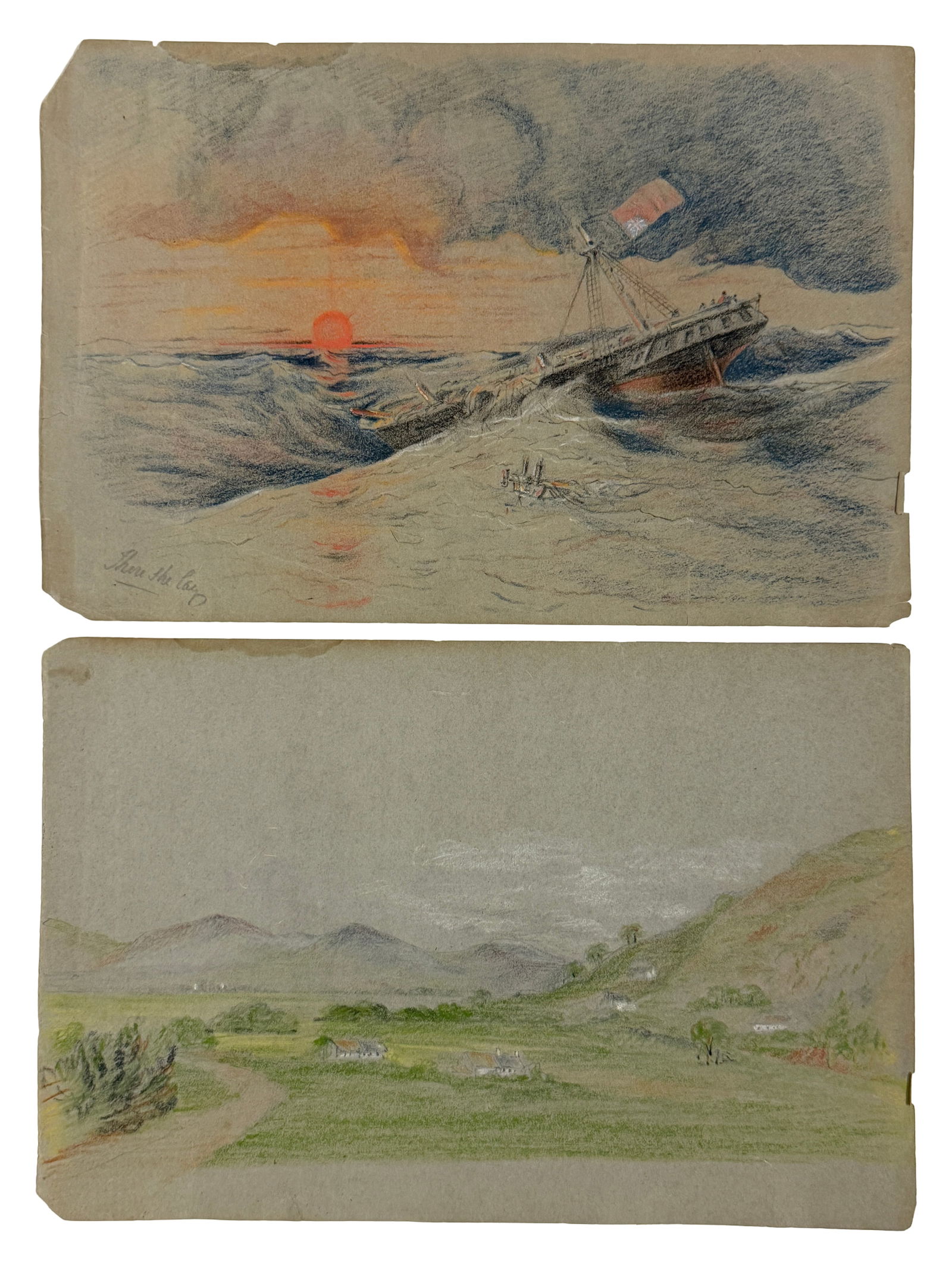 Colored Drawing of Ship at Sea (Signed): Vintage colored drawing depicting ship in rough sea at sunset; signed lower left (illegible).