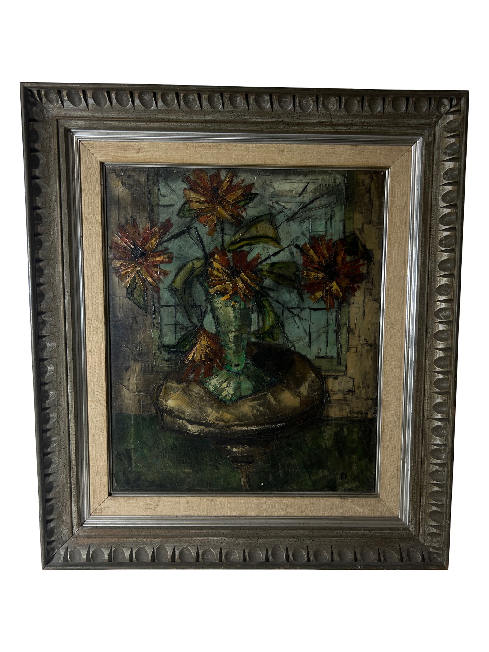 Framed Floral Still Life Painting: Oil or mixed media painting of flowers in vase; mid-century style; framed.