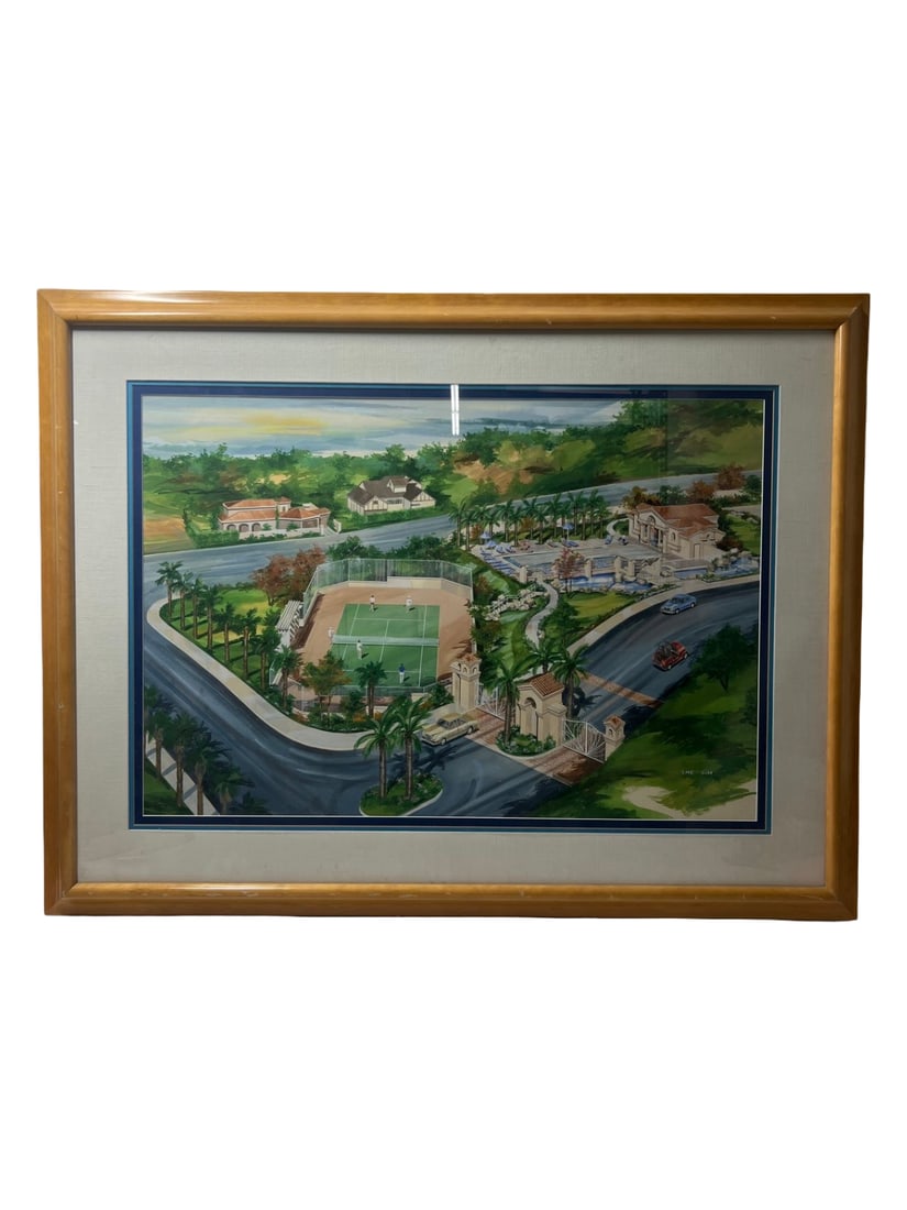 Framed Landscape Painting with Tennis Court Scene: Large framed painting depicting residential landscape with tennis court and buildings; decorative artwork.