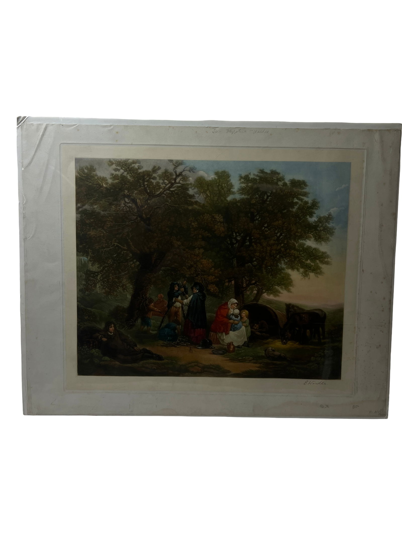 Framed Classical Style Print (Signed 'E. Wardle'): Framed print of pastoral scene with figures and animals; signed 'E. Wardle'; likely reproduction.
