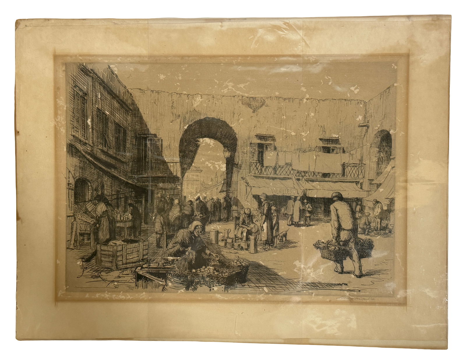 Antique Etching of Market Scene: Black and white etching depicting a busy architectural market scene; aged paper.