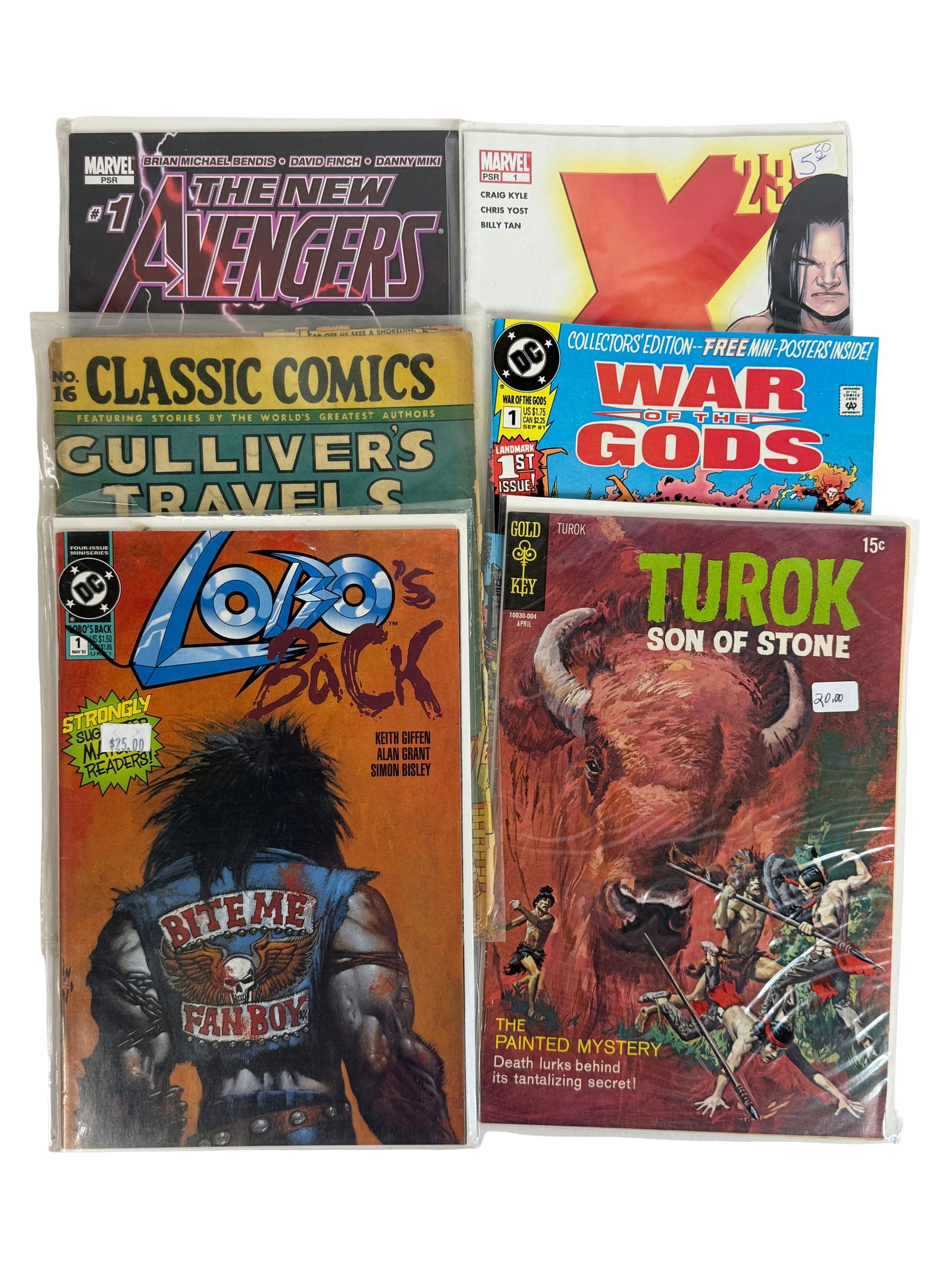 Mixed Comic Book Lot (Marvel, DC, Classics): Assorted comics including Gulliver's Travels, Turok, War of the Gods, Lobo.