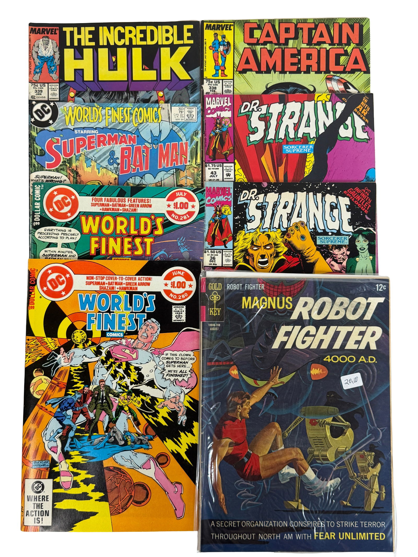 Mixed Marvel/DC Comic Book Lot (Hulk, Captain America, Dr. Strange): Collection including Incredible Hulk, Captain America, Dr. Strange, and World's Finest.