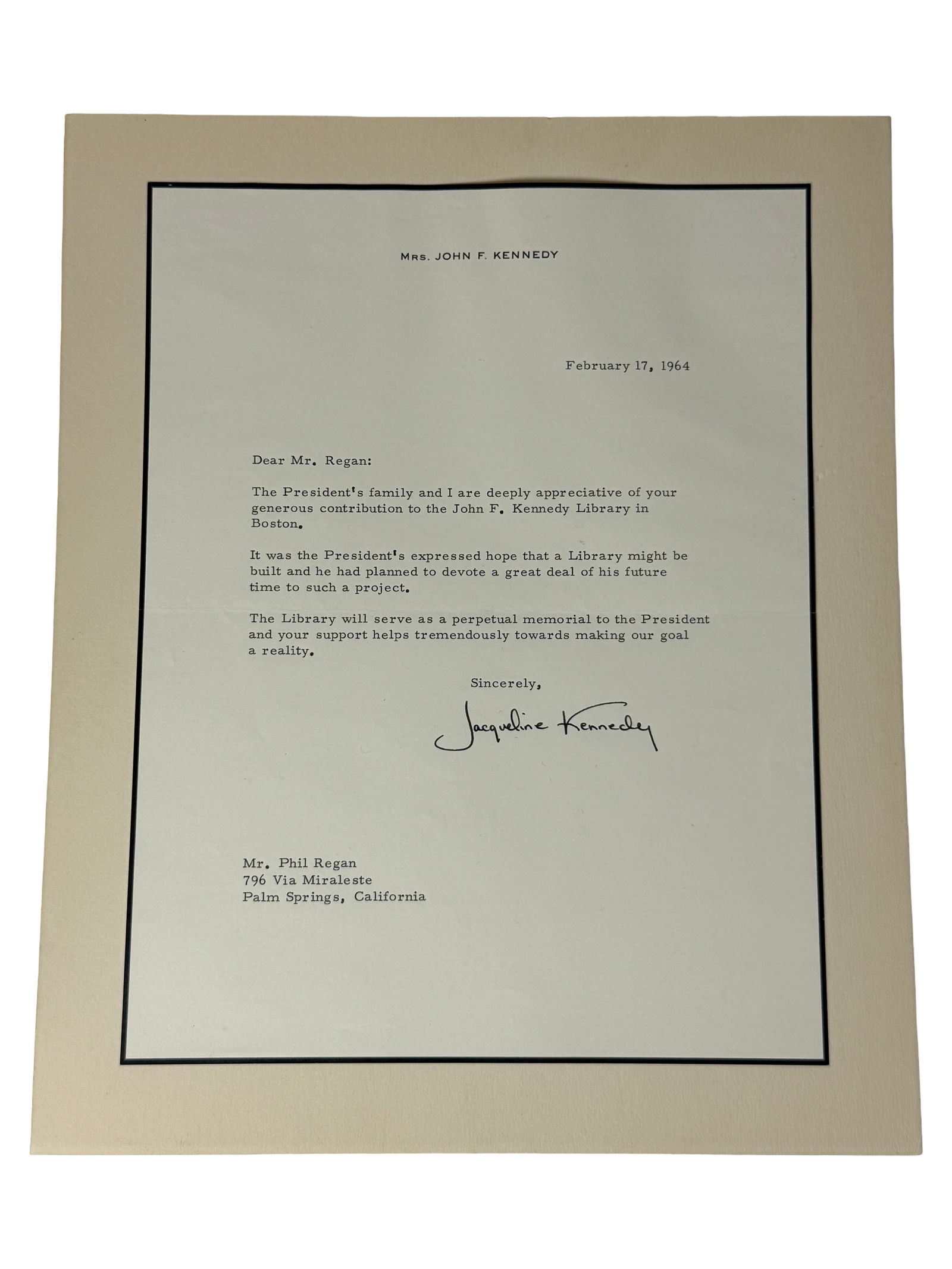 Jacqueline Kennedy Signed Letter (Facsimile): Letter signed Jacqueline Kennedy regarding JFK Library contribution, dated Feb 17, 1964.