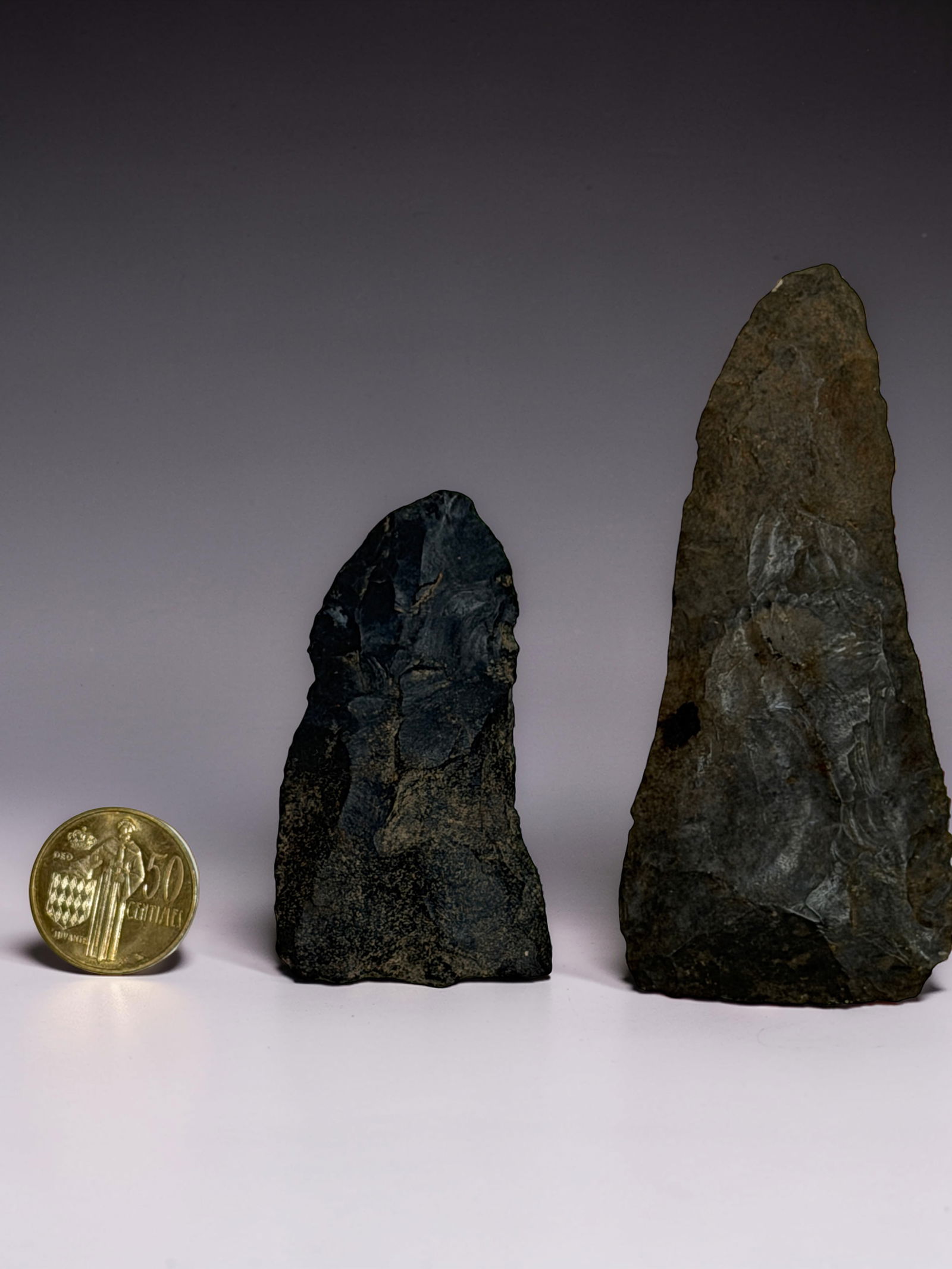 Prehistoric Stone Tools (2 pcs): Two primitive stone tools with visible flaking; includes coin for scale.