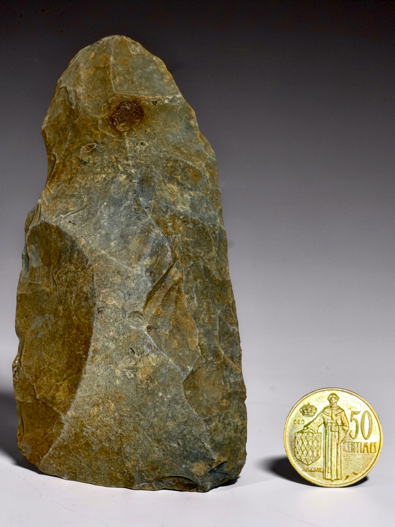 NEOLITHIC STONE CHISEL TOOL BLADE: Flint tool with mixed coloration and primitive shaping.