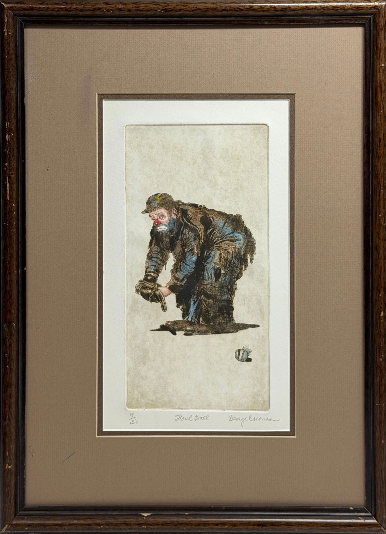 Framed Clown Artwork: Framed print of a crouching clown figure