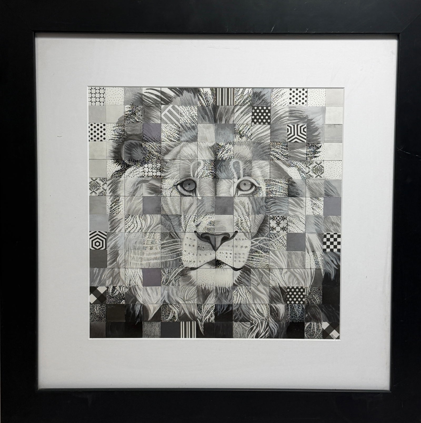 Framed Lion Artwork: Black and white stylized lion composition