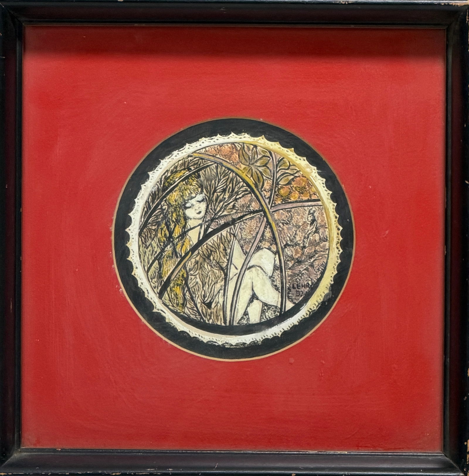 Art Nouveau Style Circular Artwork: Framed decorative circular composition with female figure and floral motifs