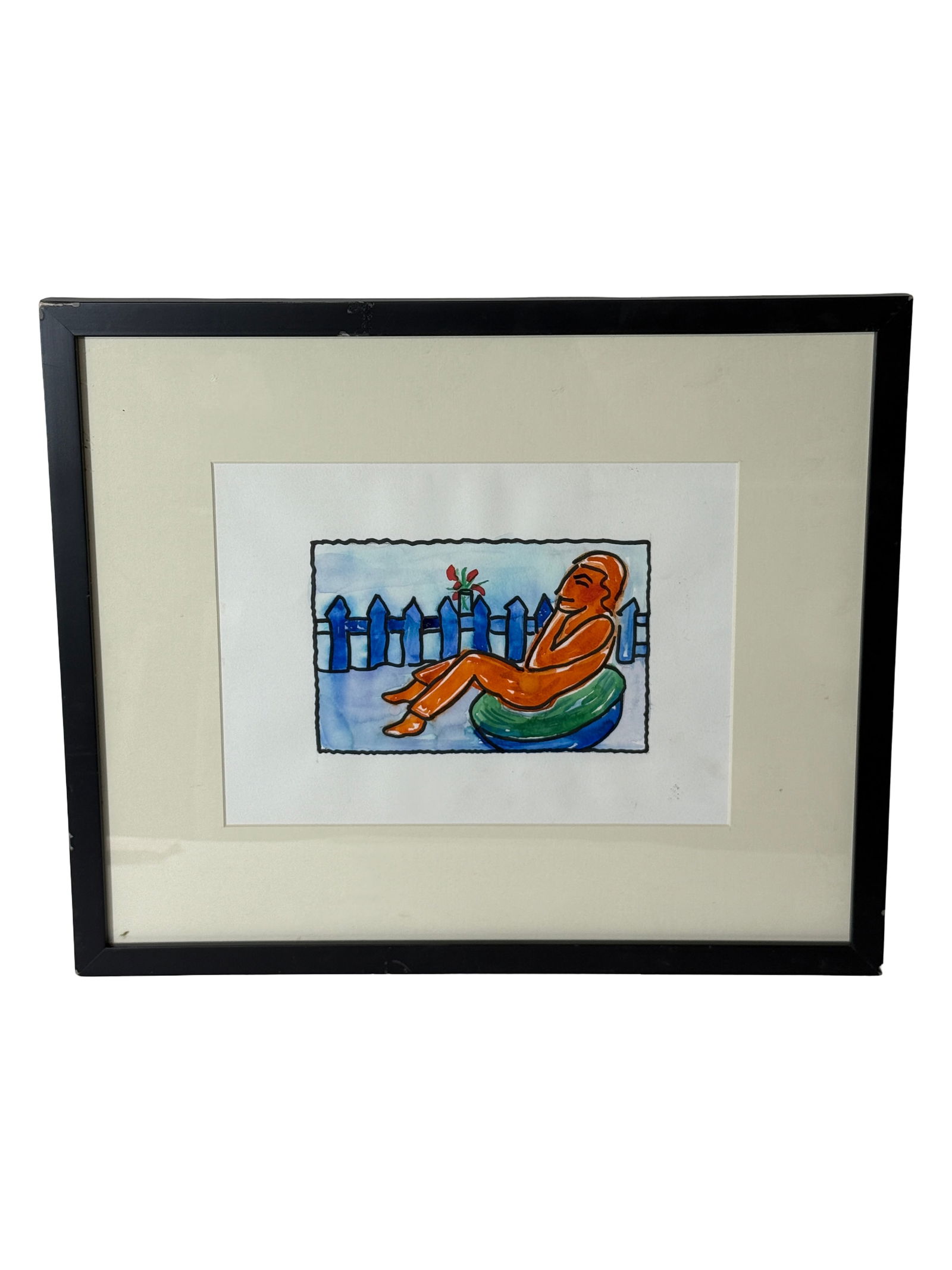 Color Drawing of Reclining Figure: Framed modern style drawing of reclining figure by poolside
