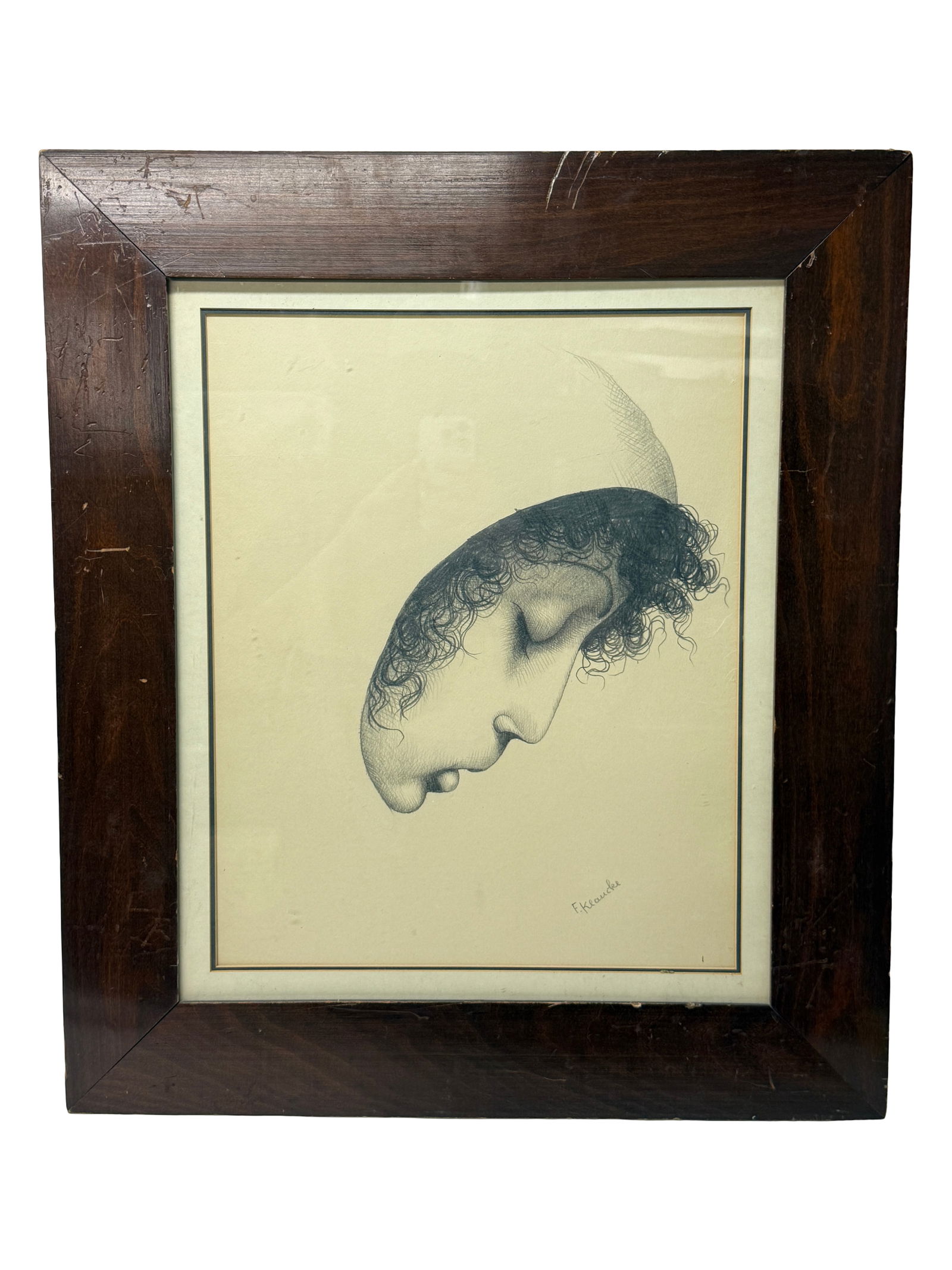 Signed Drawing: Framed drawing of stylized female head, signed (appears F. Krawiec)
