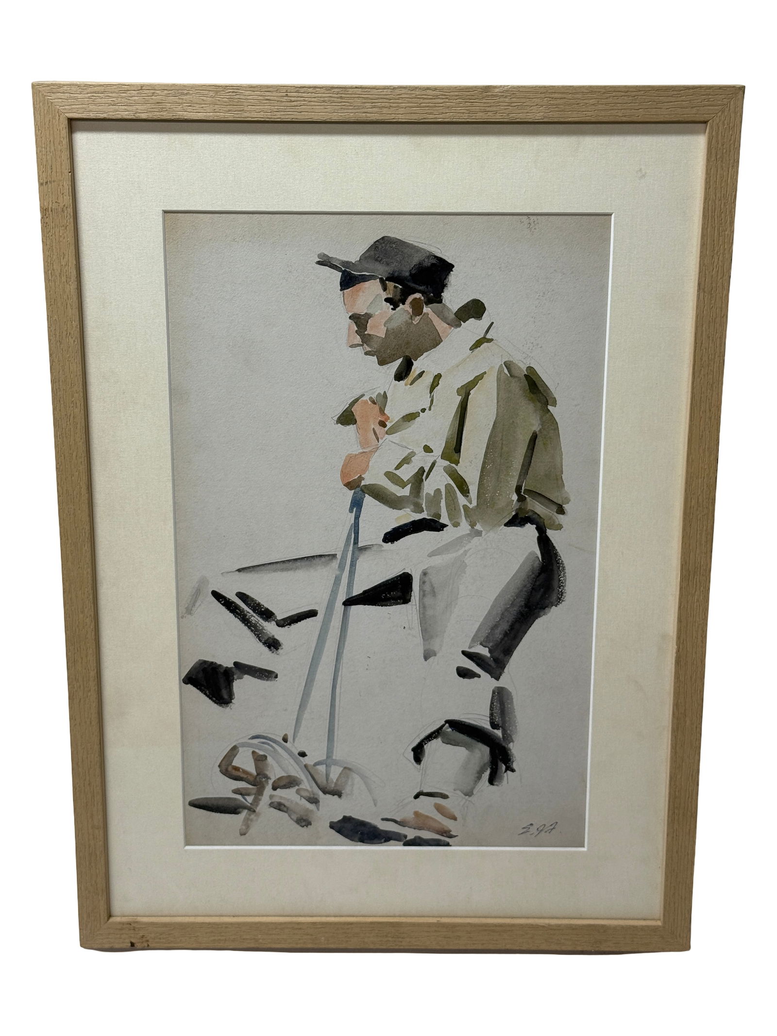 Framed Watercolor Figure: Watercolor painting of seated man, signed, framed