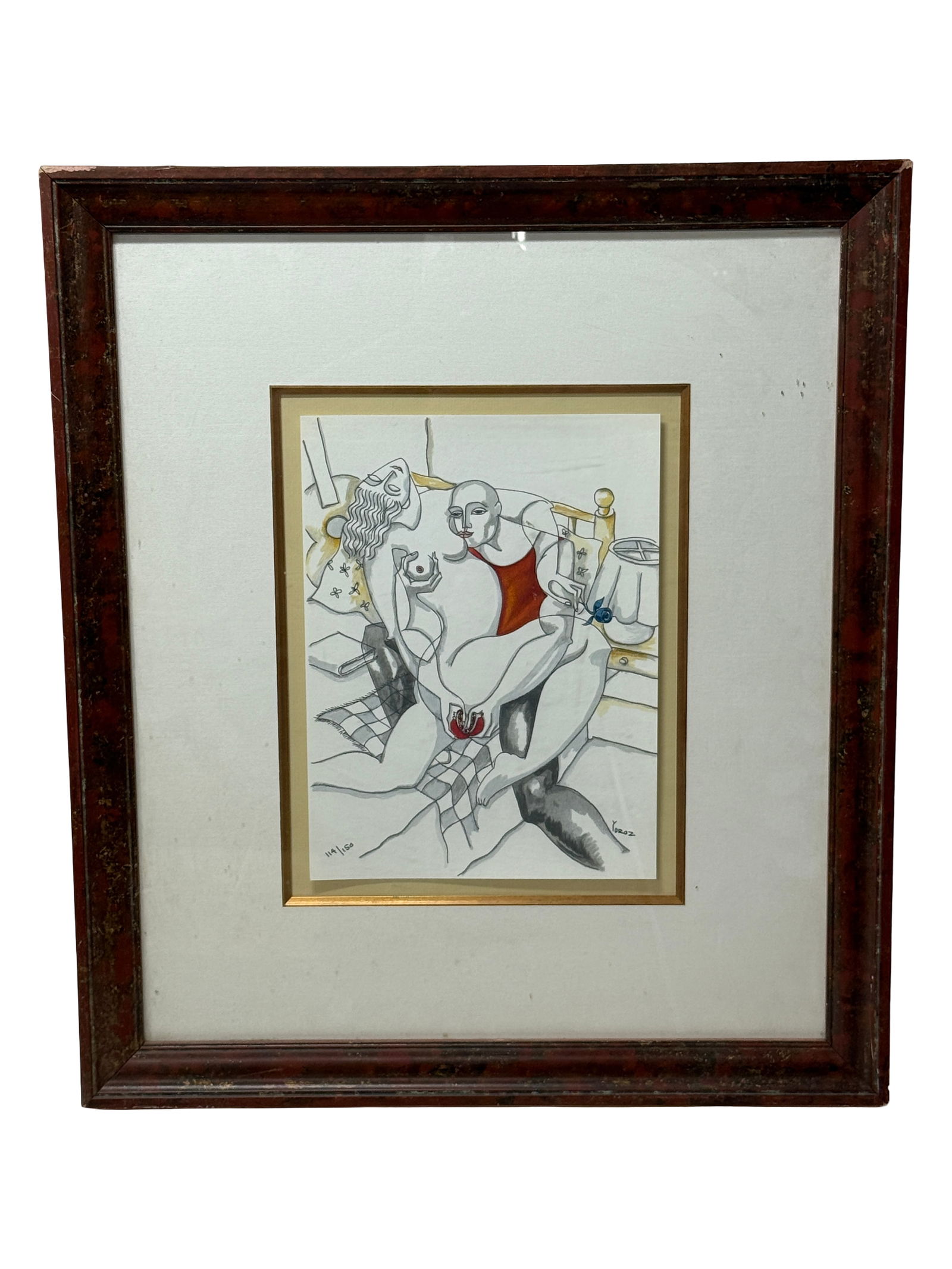 Framed Figurative Artwork: Modern figurative drawing with abstract nude forms, framed