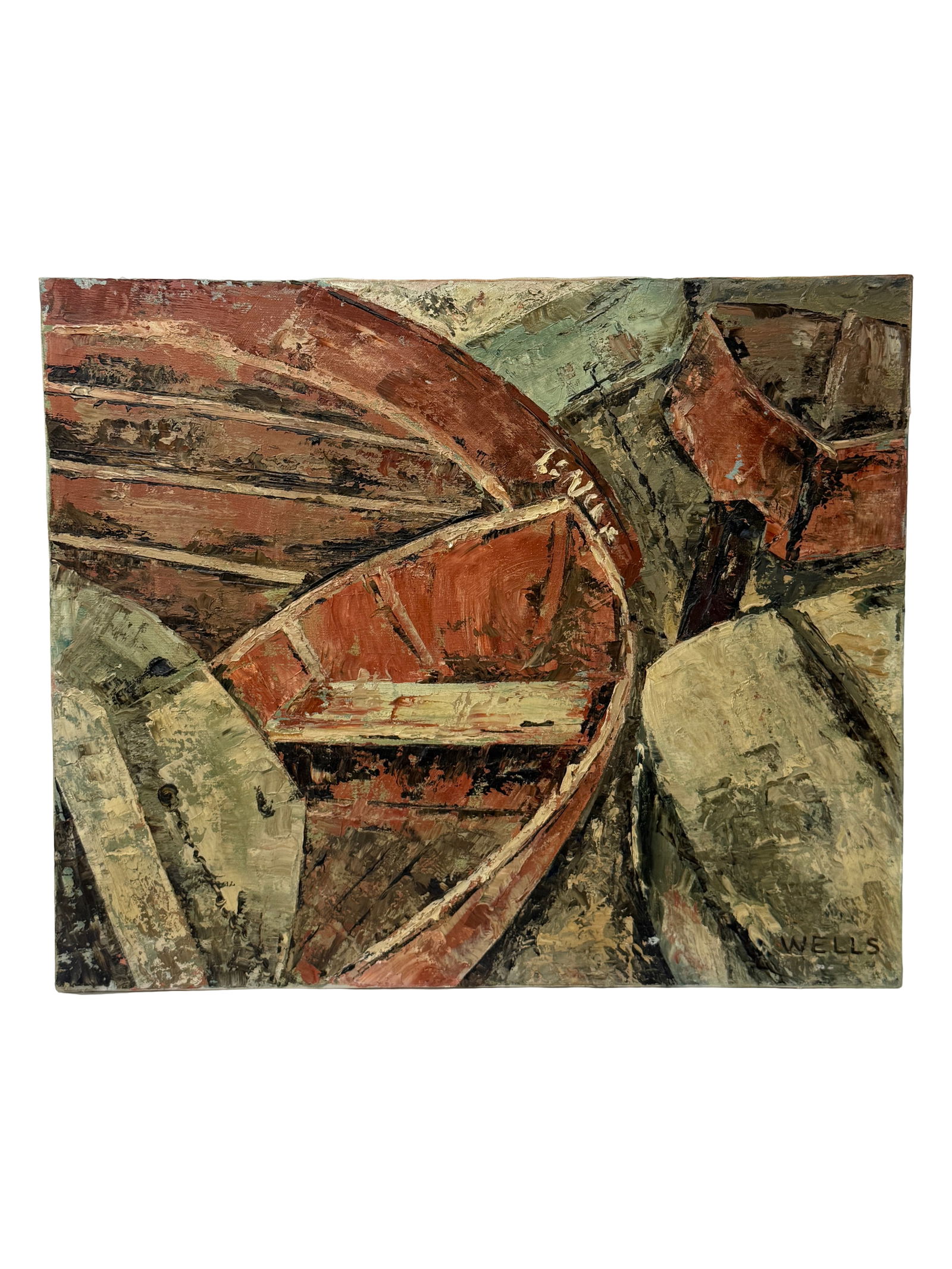 Oil Painting of Boats (Wells): Textured oil painting of boats, signed Wells