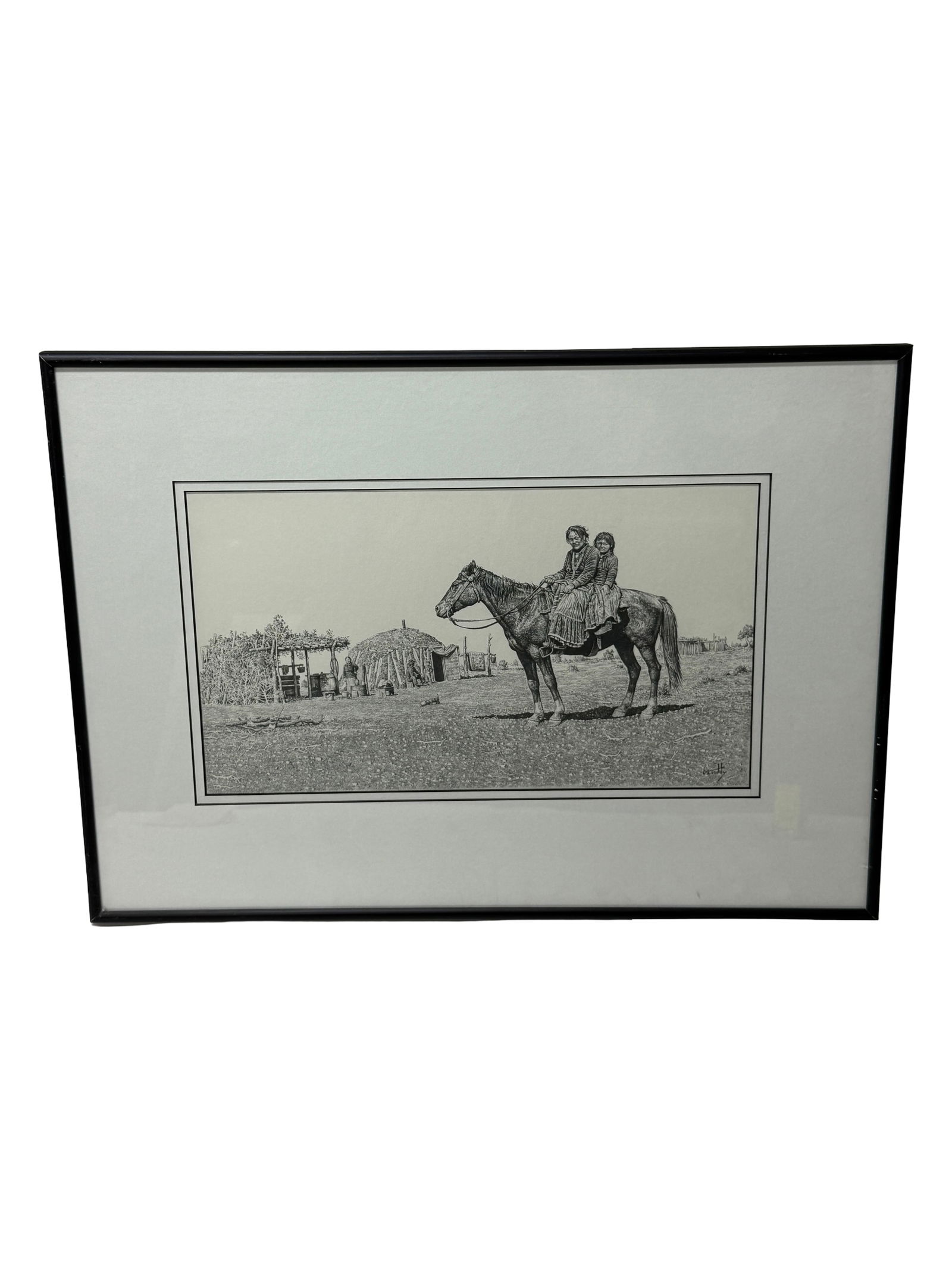 Western Scene Drawing: Black and white drawing of riders on horseback near homestead