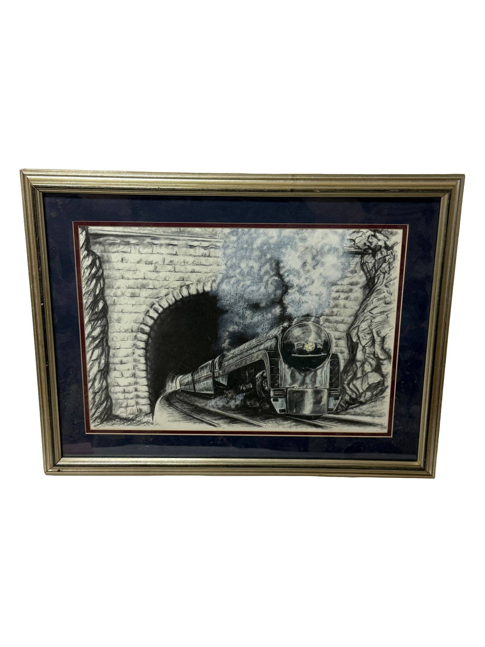 Train Drawing: Detailed drawing of steam locomotive exiting tunnel, framed