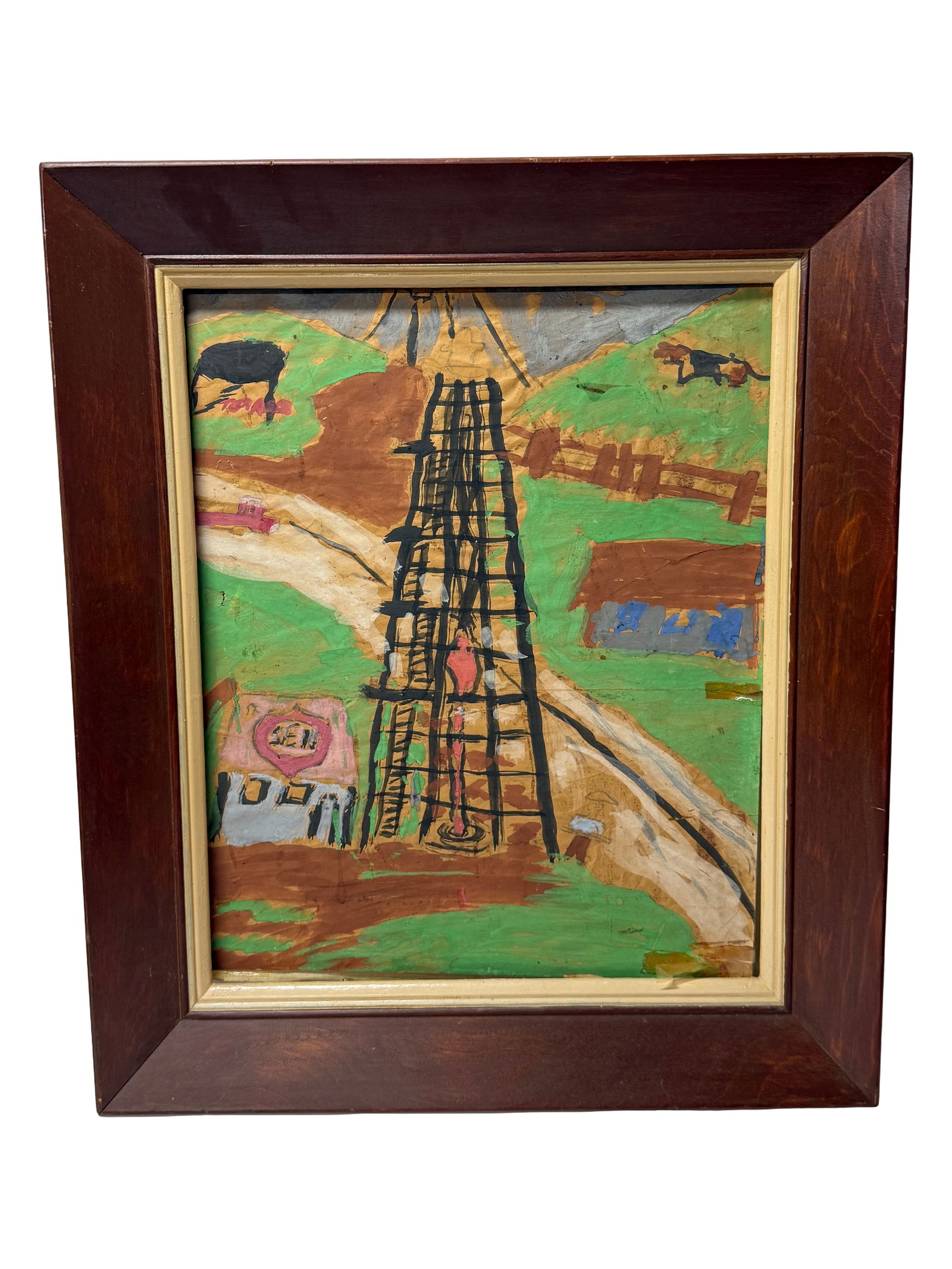 Folk Art Oil Derrick Painting: Naive style painting of oil derrick and landscape